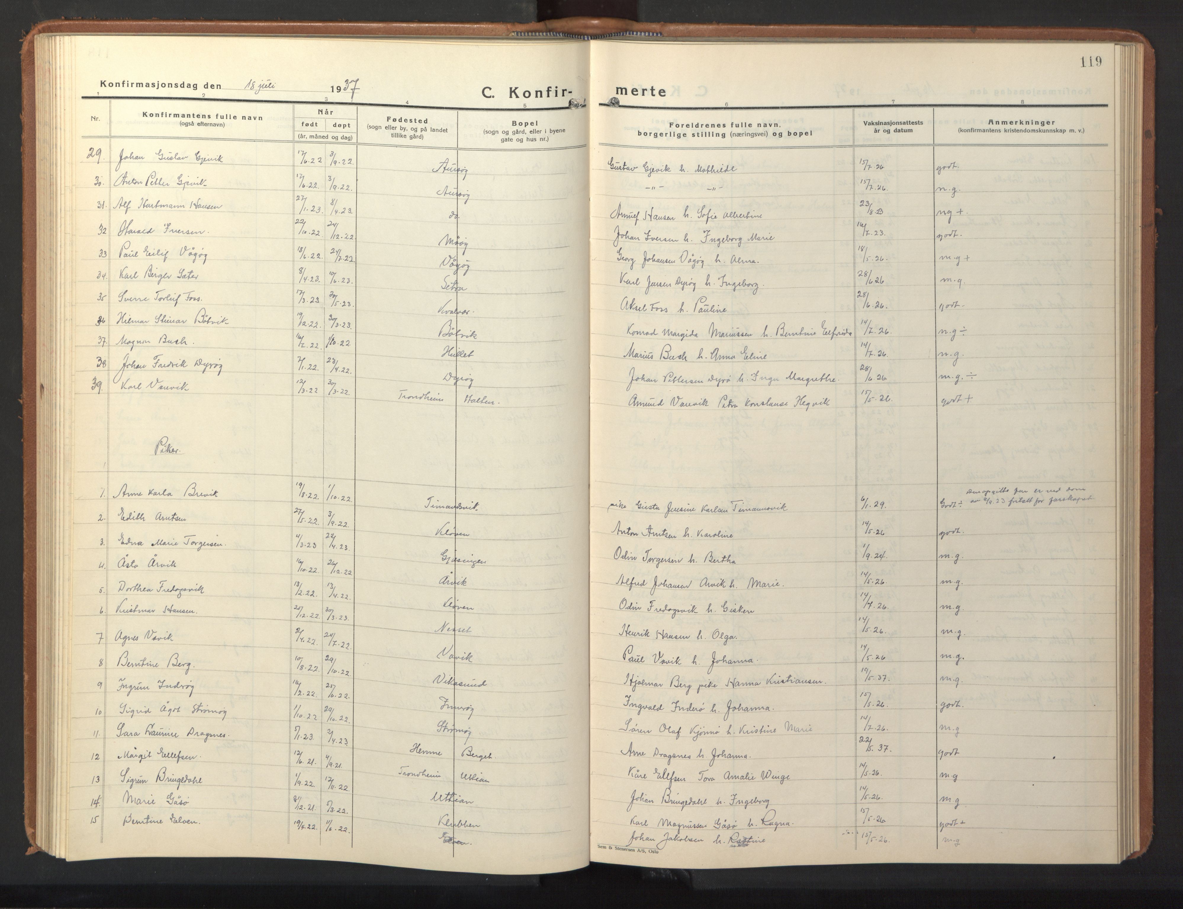 Ministerialprotokoller, klokkerbøker og fødselsregistre - Sør-Trøndelag, SAT/A-1456/640/L0590: Parish register (copy) no. 640C07, 1935-1948, p. 119
