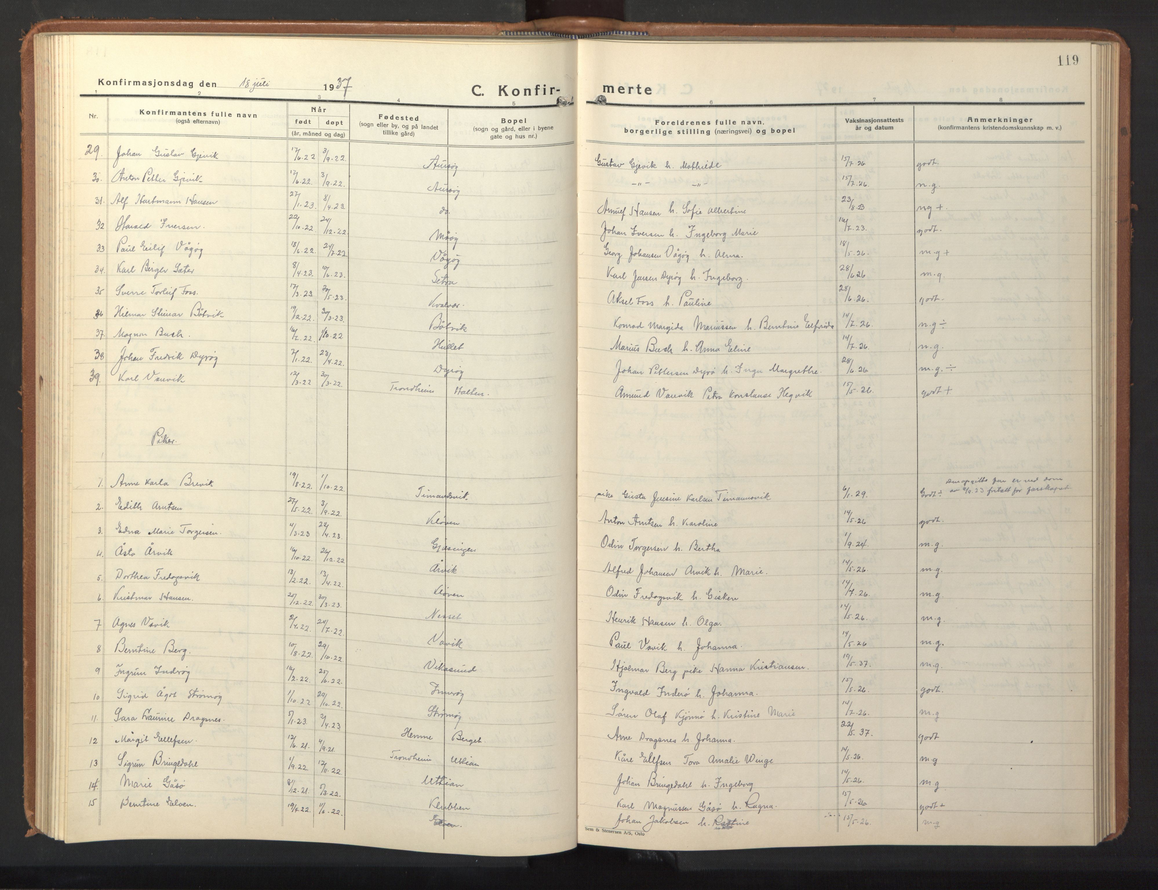 Ministerialprotokoller, klokkerbøker og fødselsregistre - Sør-Trøndelag, AV/SAT-A-1456/640/L0590: Parish register (copy) no. 640C07, 1935-1948, p. 119