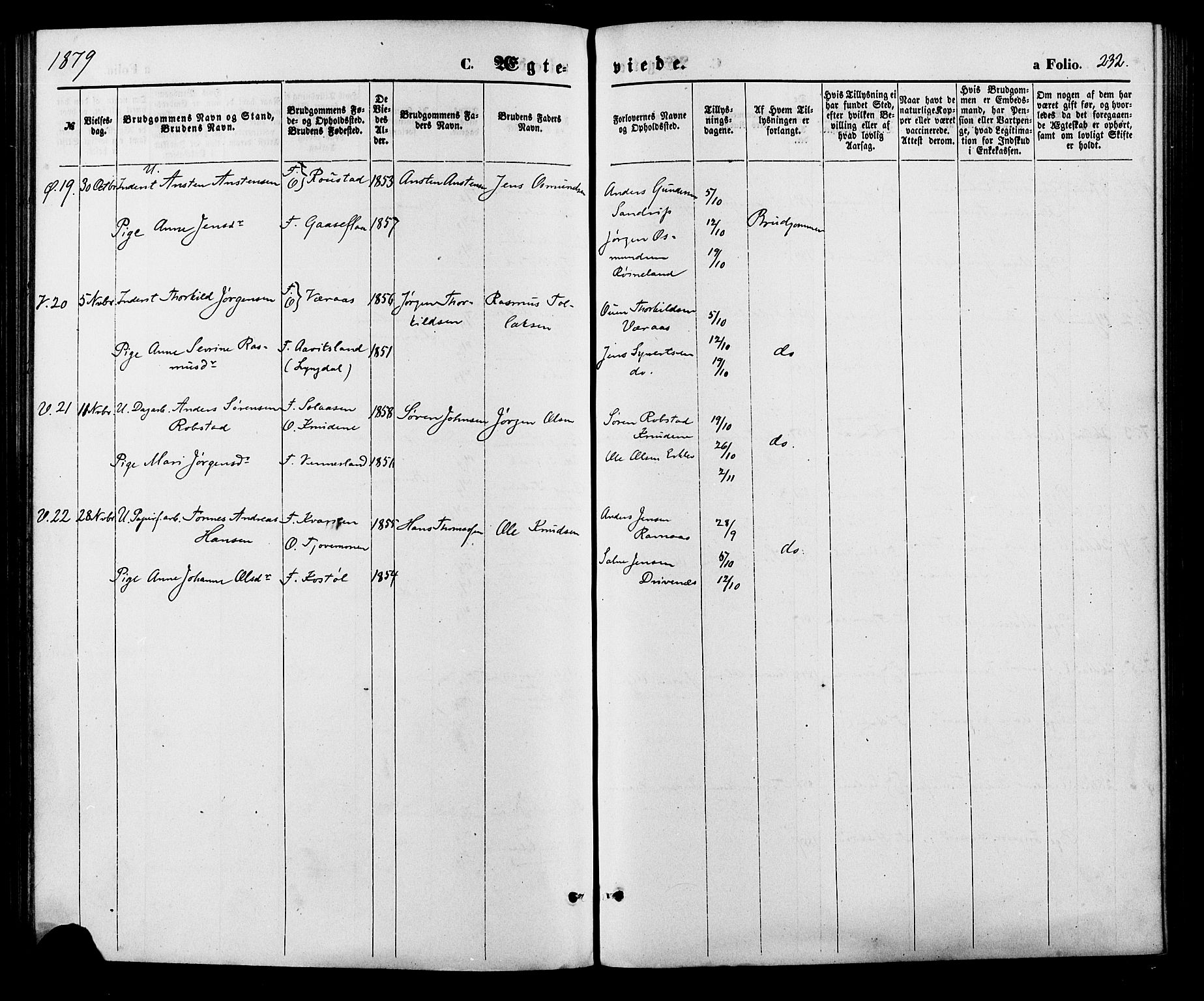 Vennesla sokneprestkontor, SAK/1111-0045/Fa/Fac/L0008: Parish register (official) no. A 8, 1874-1883, p. 232