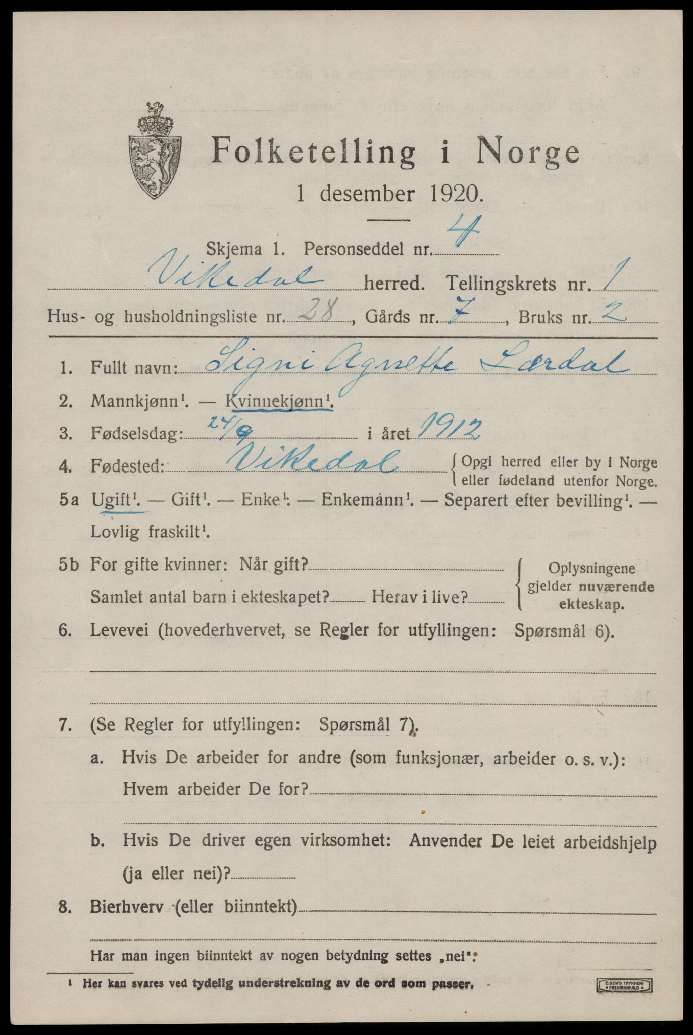 SAST, 1920 census for Vikedal, 1920, p. 1403