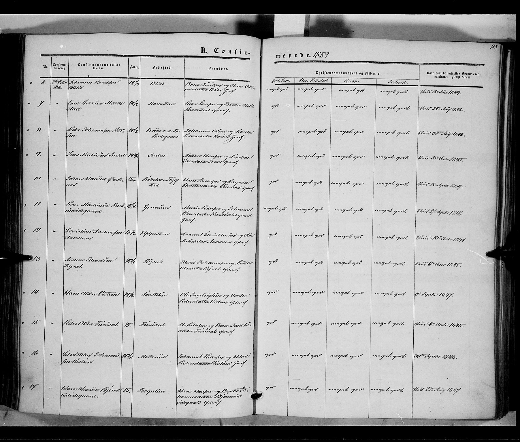 Vestre Toten prestekontor, SAH/PREST-108/H/Ha/Haa/L0006: Parish register (official) no. 6, 1856-1861, p. 168