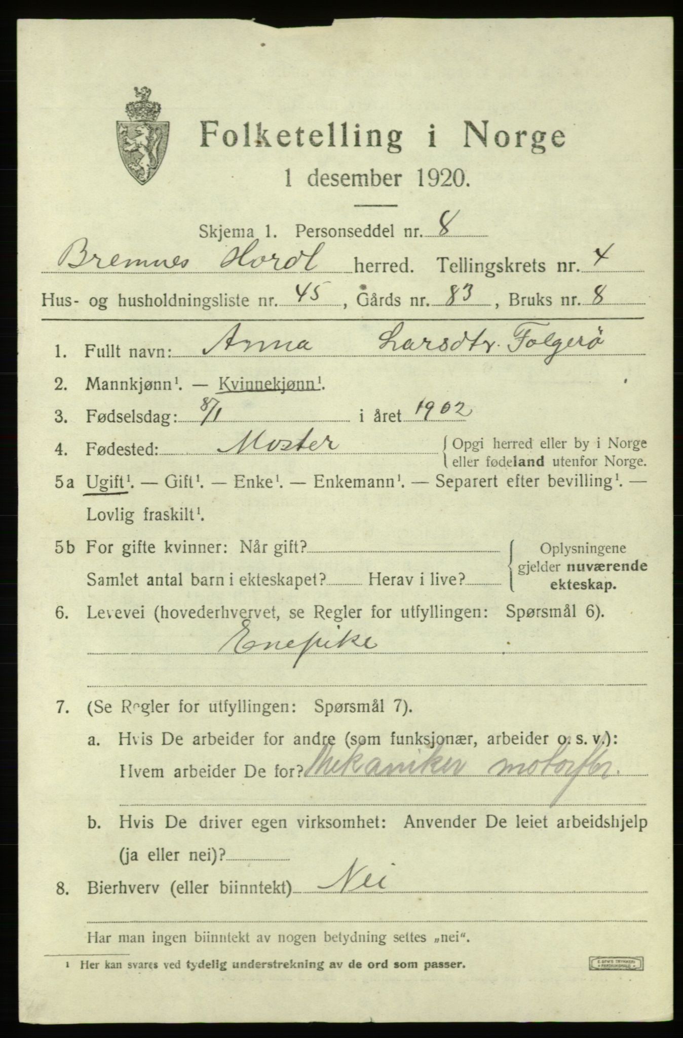 SAB, 1920 census for Bremnes, 1920, p. 2498