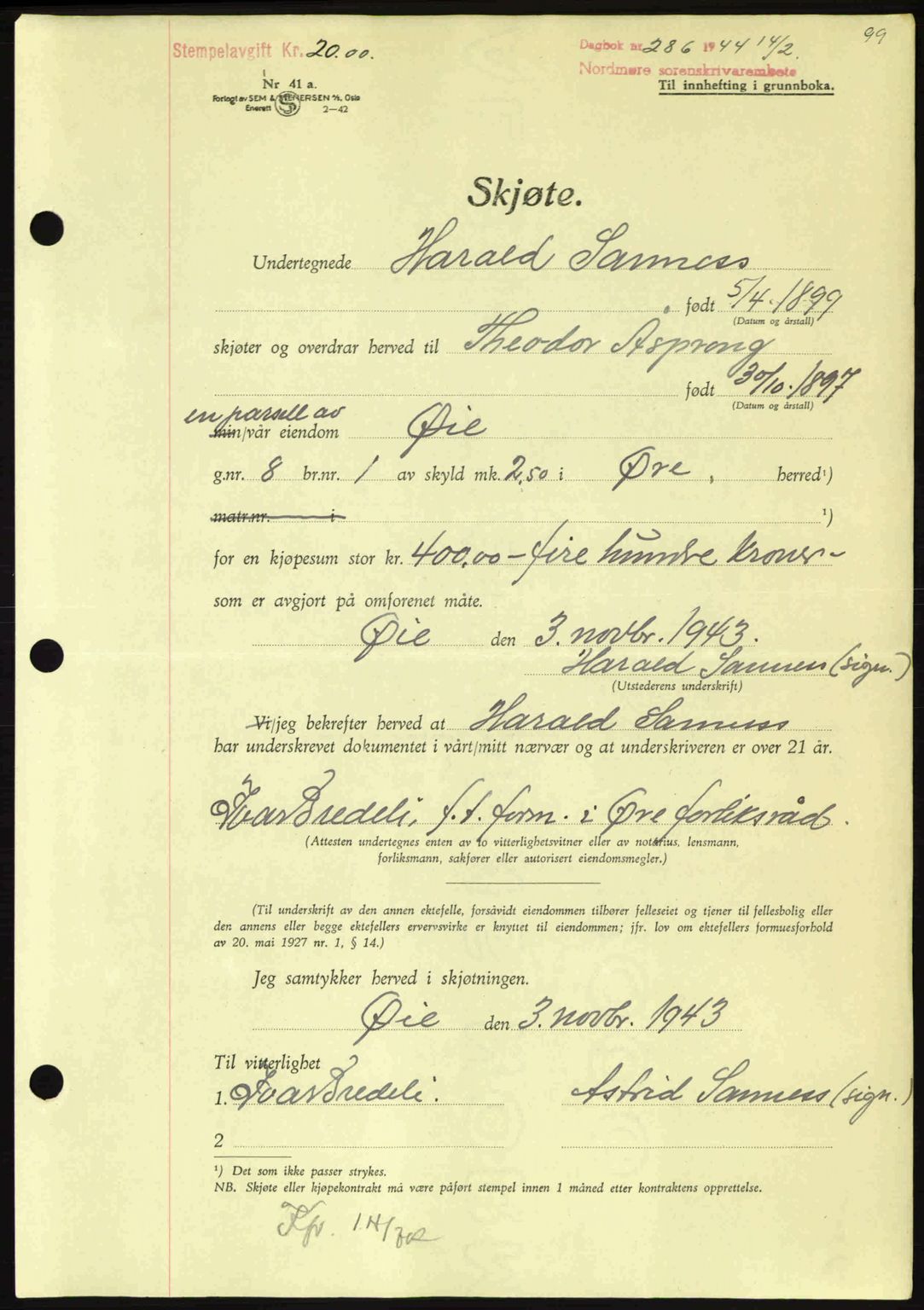 Nordmøre sorenskriveri, AV/SAT-A-4132/1/2/2Ca: Mortgage book no. A97, 1944-1944, Diary no: : 286/1944