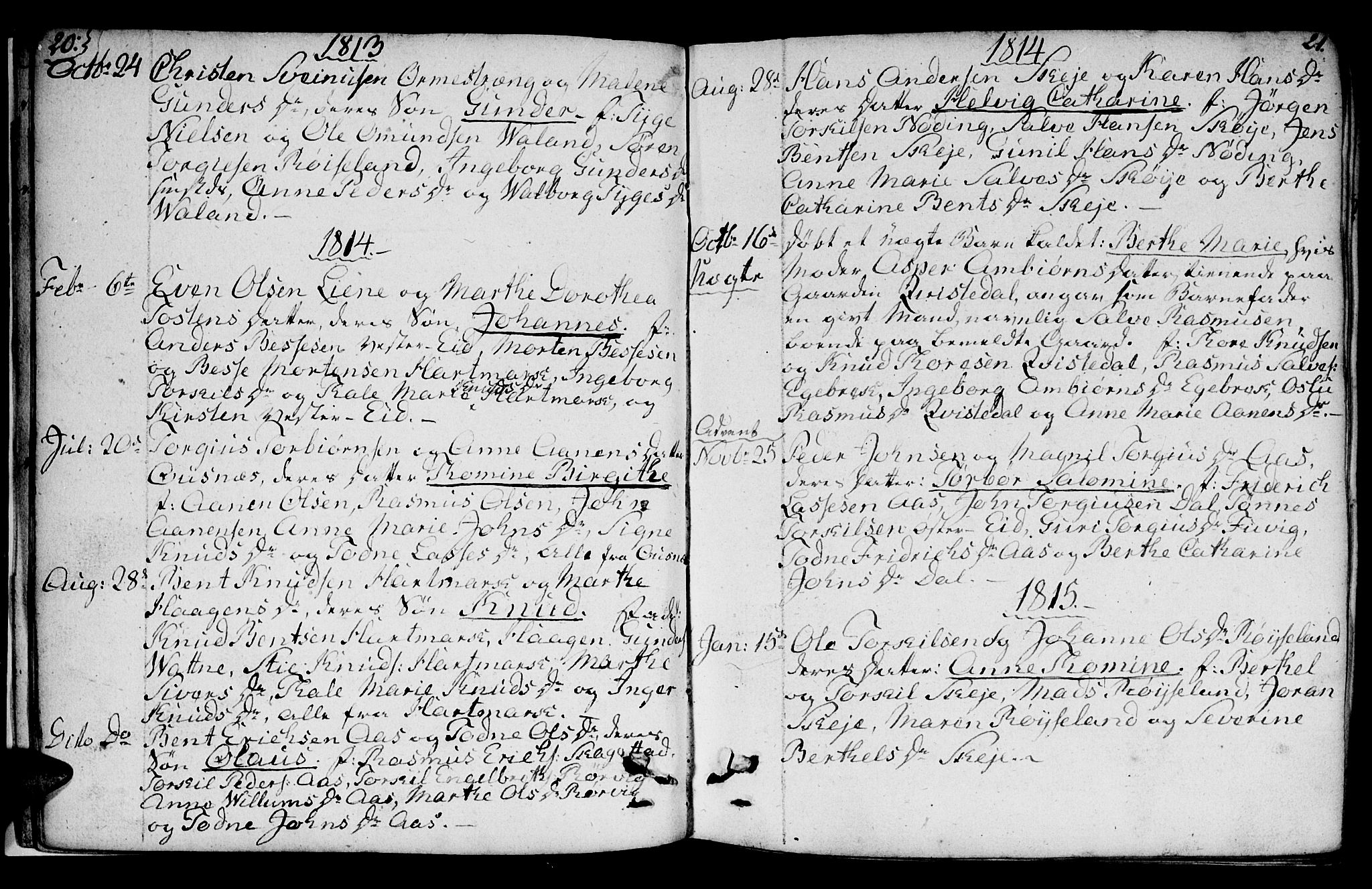 Mandal sokneprestkontor, SAK/1111-0030/F/Fb/Fbb/L0001: Parish register (copy) no. B 1, 1802-1846, p. 20-21