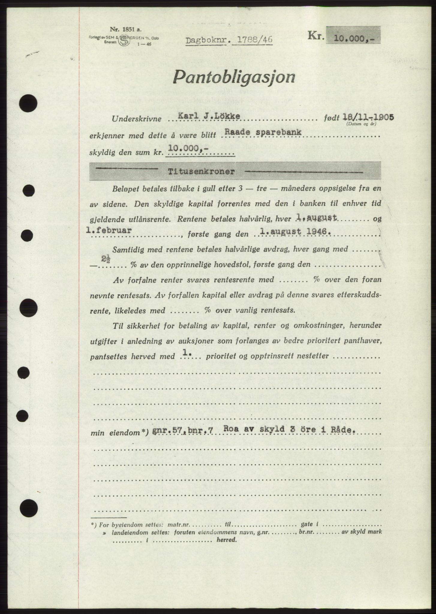 Moss sorenskriveri, AV/SAO-A-10168: Mortgage book no. B15, 1946-1946, Diary no: : 1788/1946