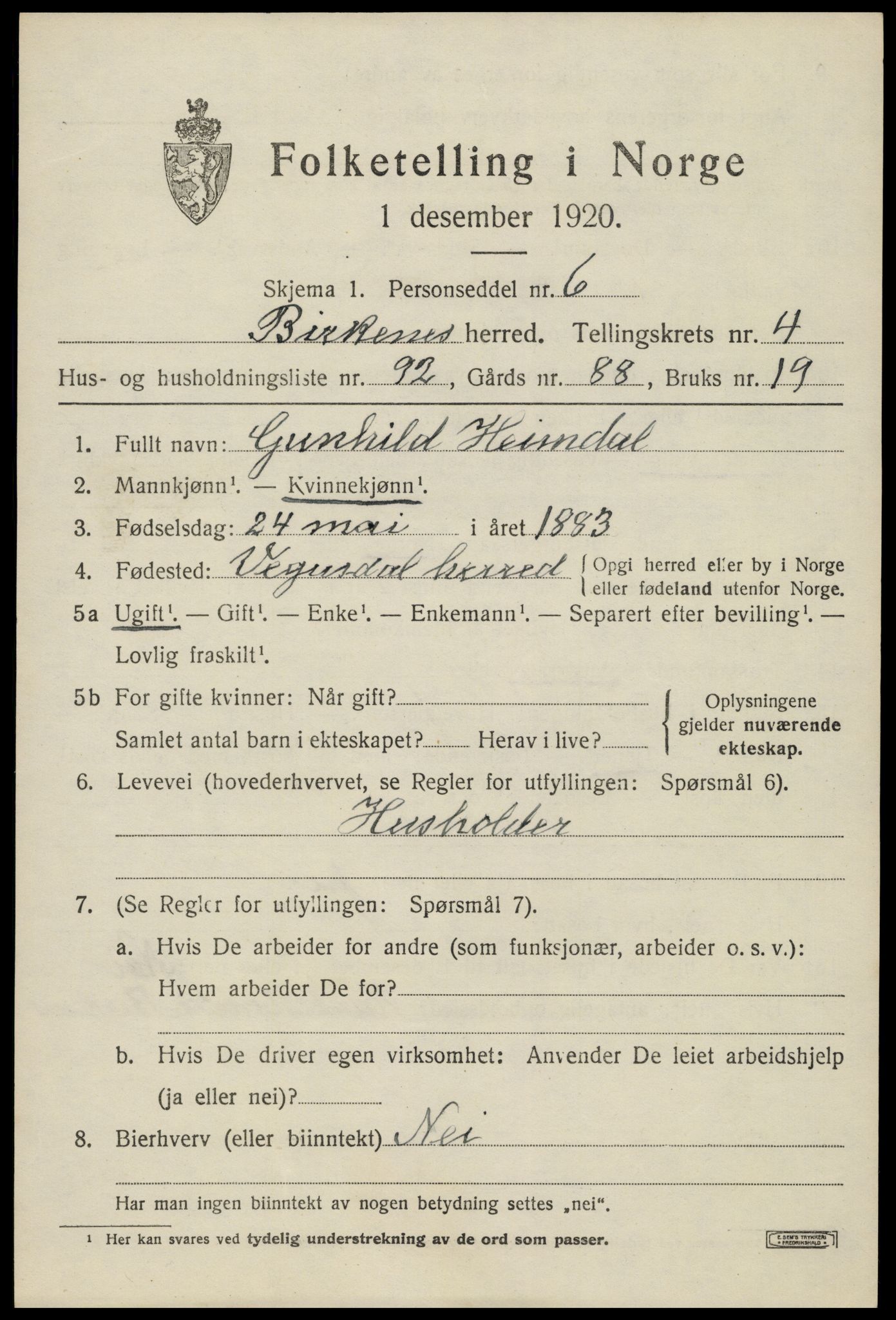 SAK, 1920 census for Birkenes, 1920, p. 3003