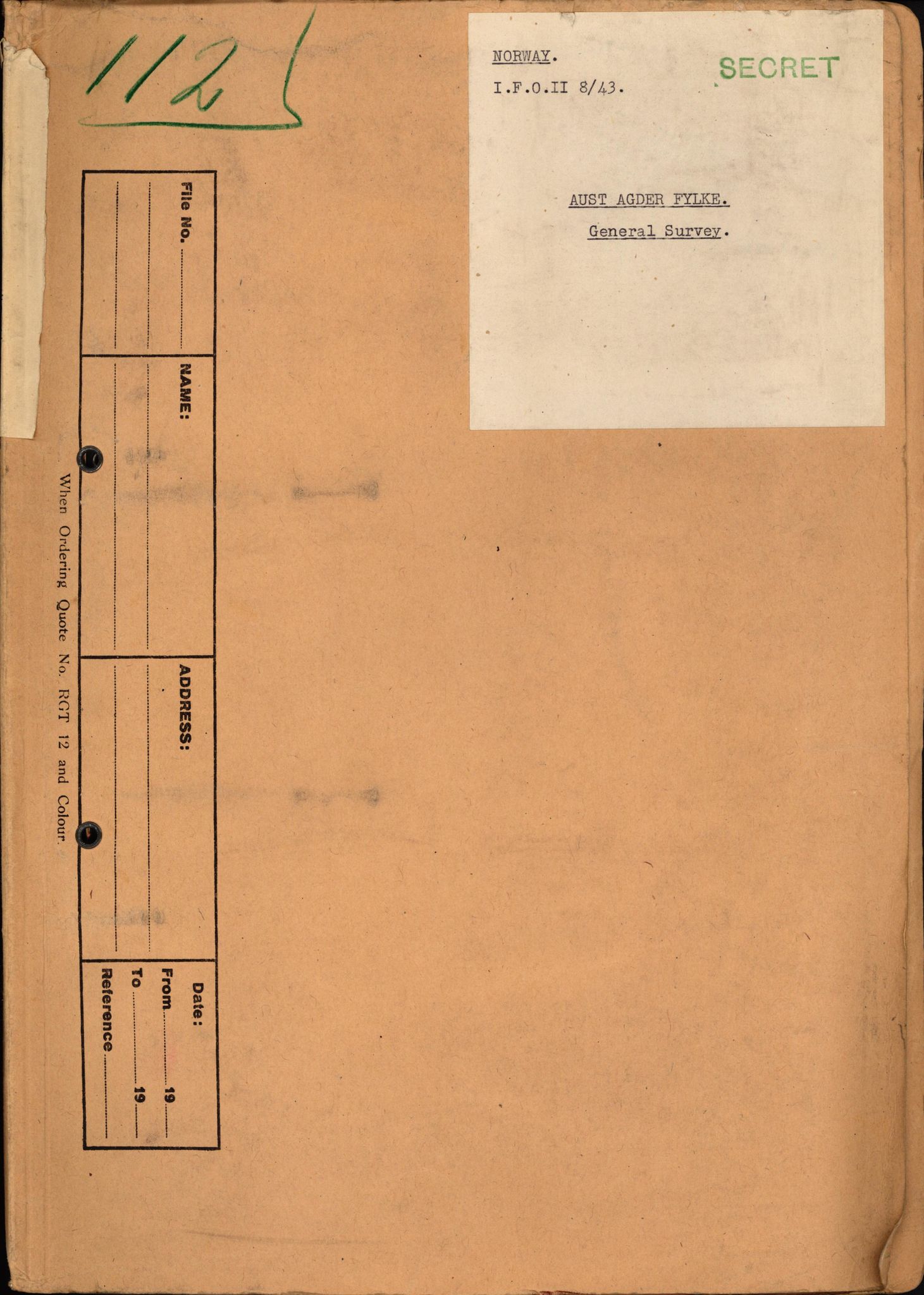 Forsvaret, Forsvarets overkommando II, AV/RA-RAFA-3915/D/Dd/L0002: Aust-Agder fylke, 1942-1944, p. 1