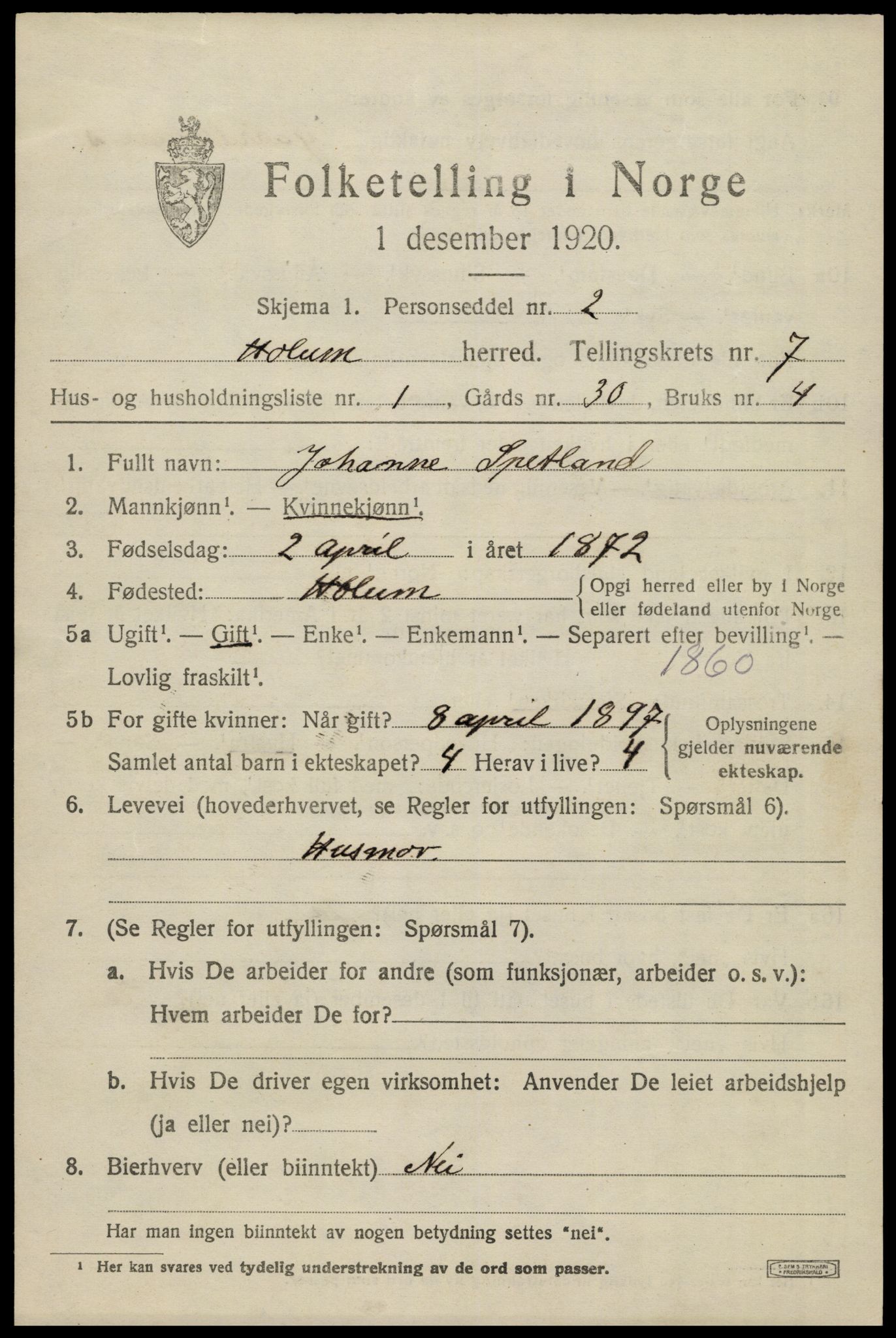 SAK, 1920 census for Holum, 1920, p. 2401