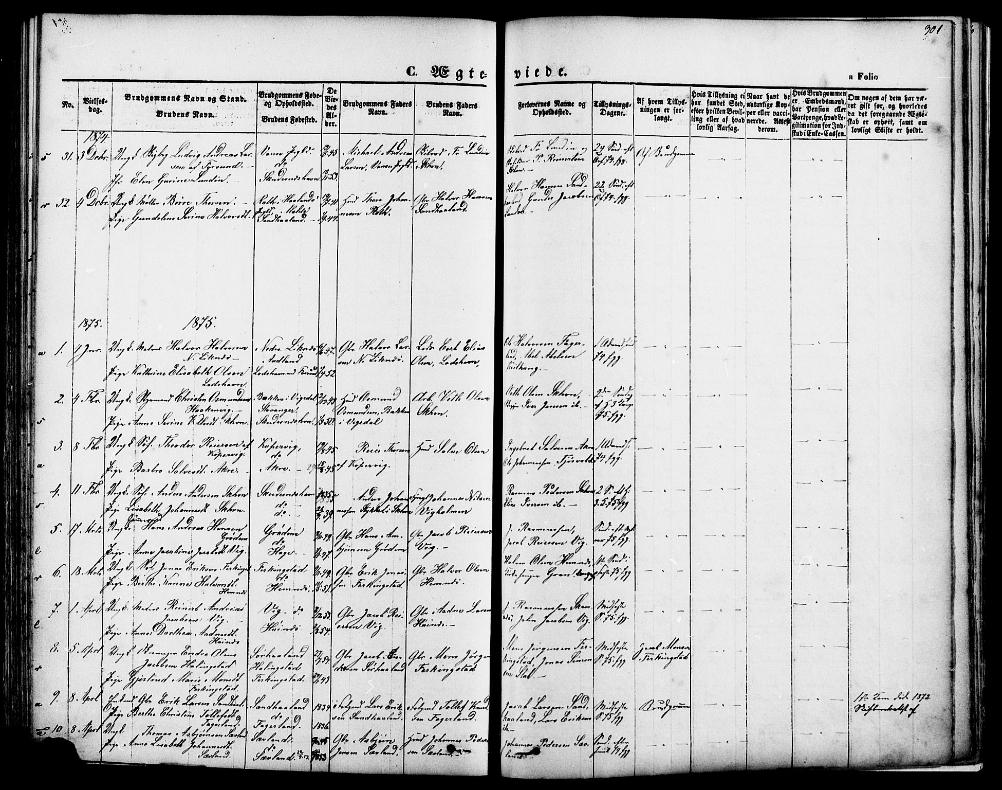 Skudenes sokneprestkontor, AV/SAST-A -101849/H/Ha/Haa/L0006: Parish register (official) no. A 4, 1864-1881, p. 301