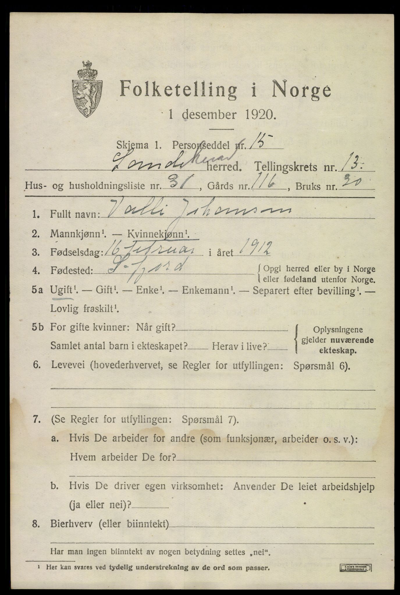 SAKO, 1920 census for Sandeherred, 1920, p. 19652