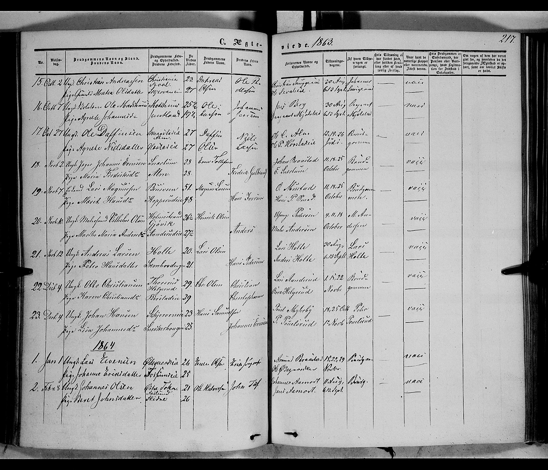 Vardal prestekontor, SAH/PREST-100/H/Ha/Haa/L0006: Parish register (official) no. 6, 1854-1866, p. 217