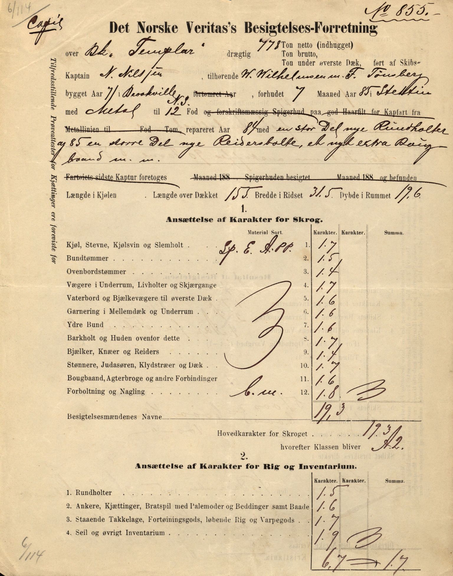 Pa 63 - Østlandske skibsassuranceforening, VEMU/A-1079/G/Ga/L0020/0003: Havaridokumenter / Anton, Diamant, Templar, Finn, Eliezer, Arctic, 1887, p. 137