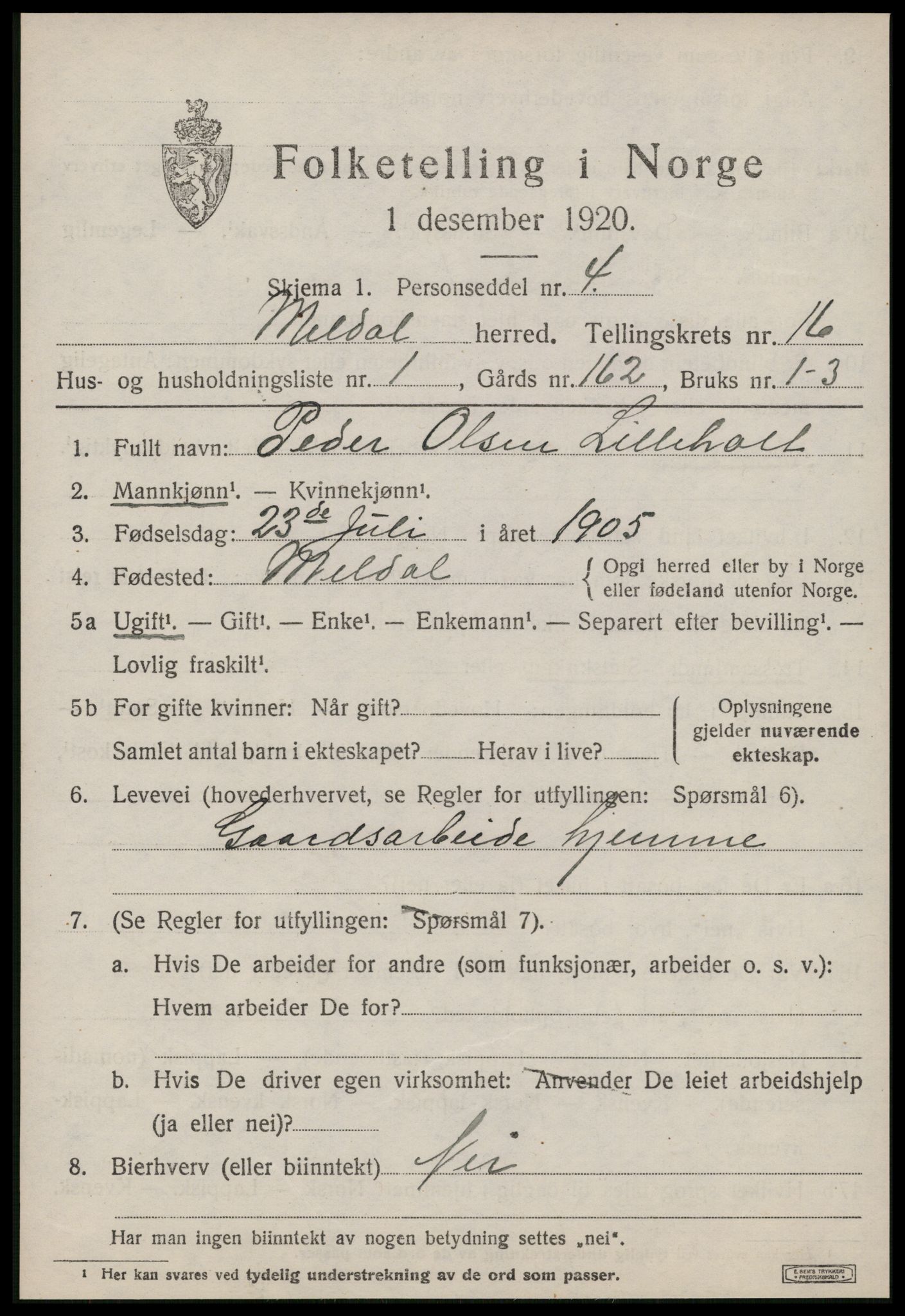 SAT, 1920 census for Meldal, 1920, p. 10835