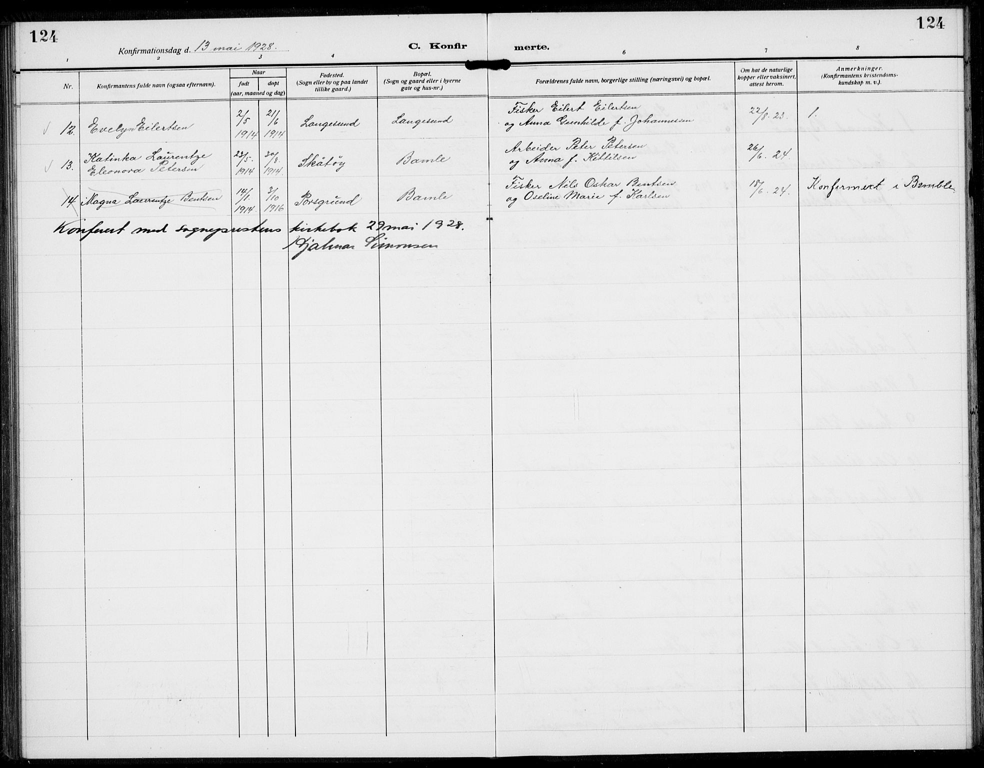 Langesund kirkebøker, AV/SAKO-A-280/G/Ga/L0007: Parish register (copy) no. 7, 1919-1939, p. 124