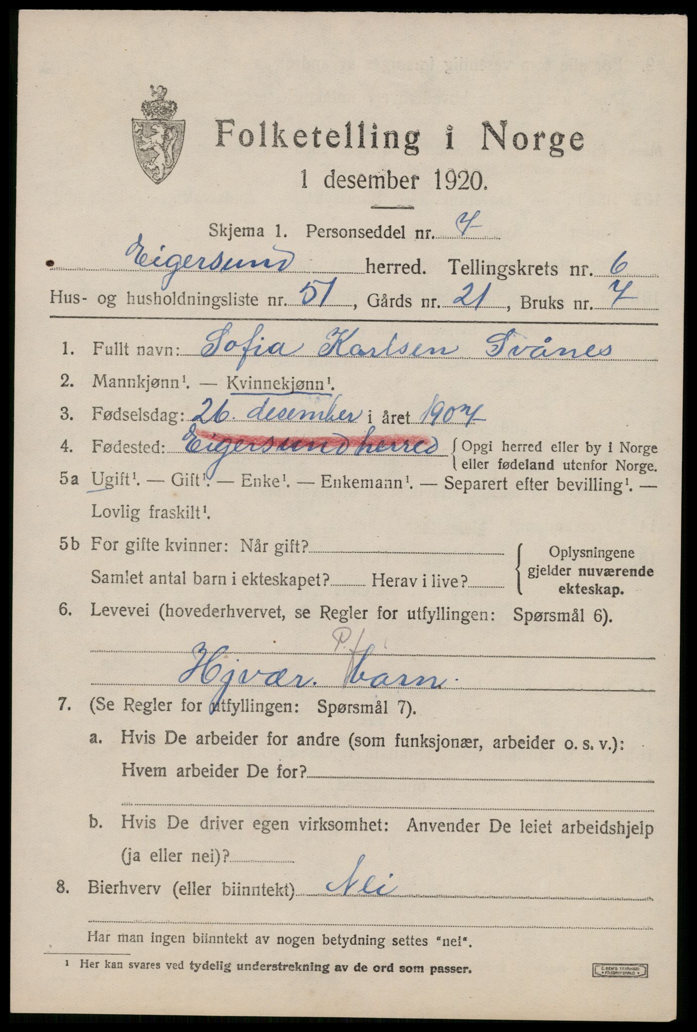 SAST, 1920 census for Eigersund, 1920, p. 4501