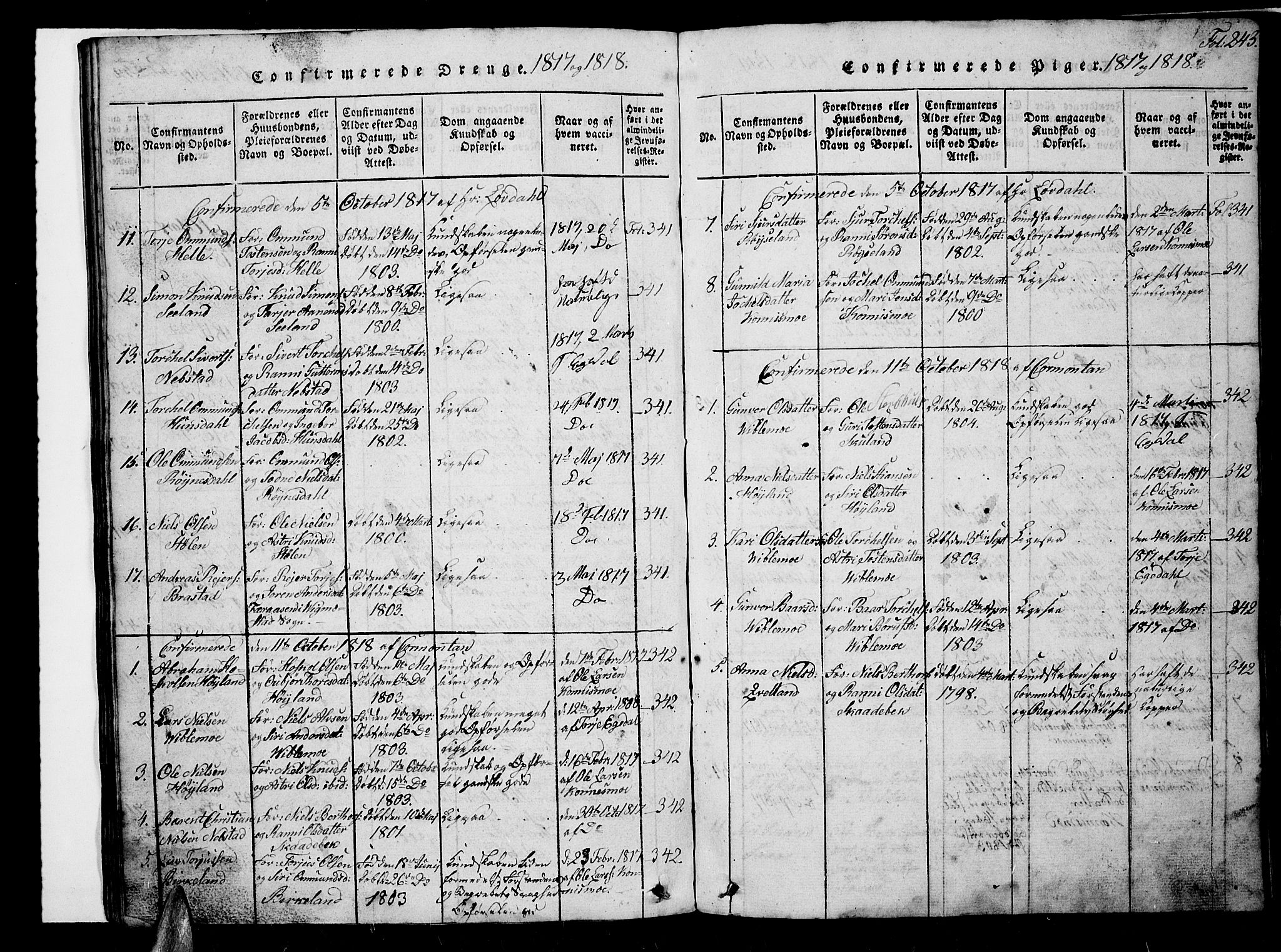 Nord-Audnedal sokneprestkontor, AV/SAK-1111-0032/F/Fb/Fba/L0001: Parish register (copy) no. B 1, 1815-1856, p. 243