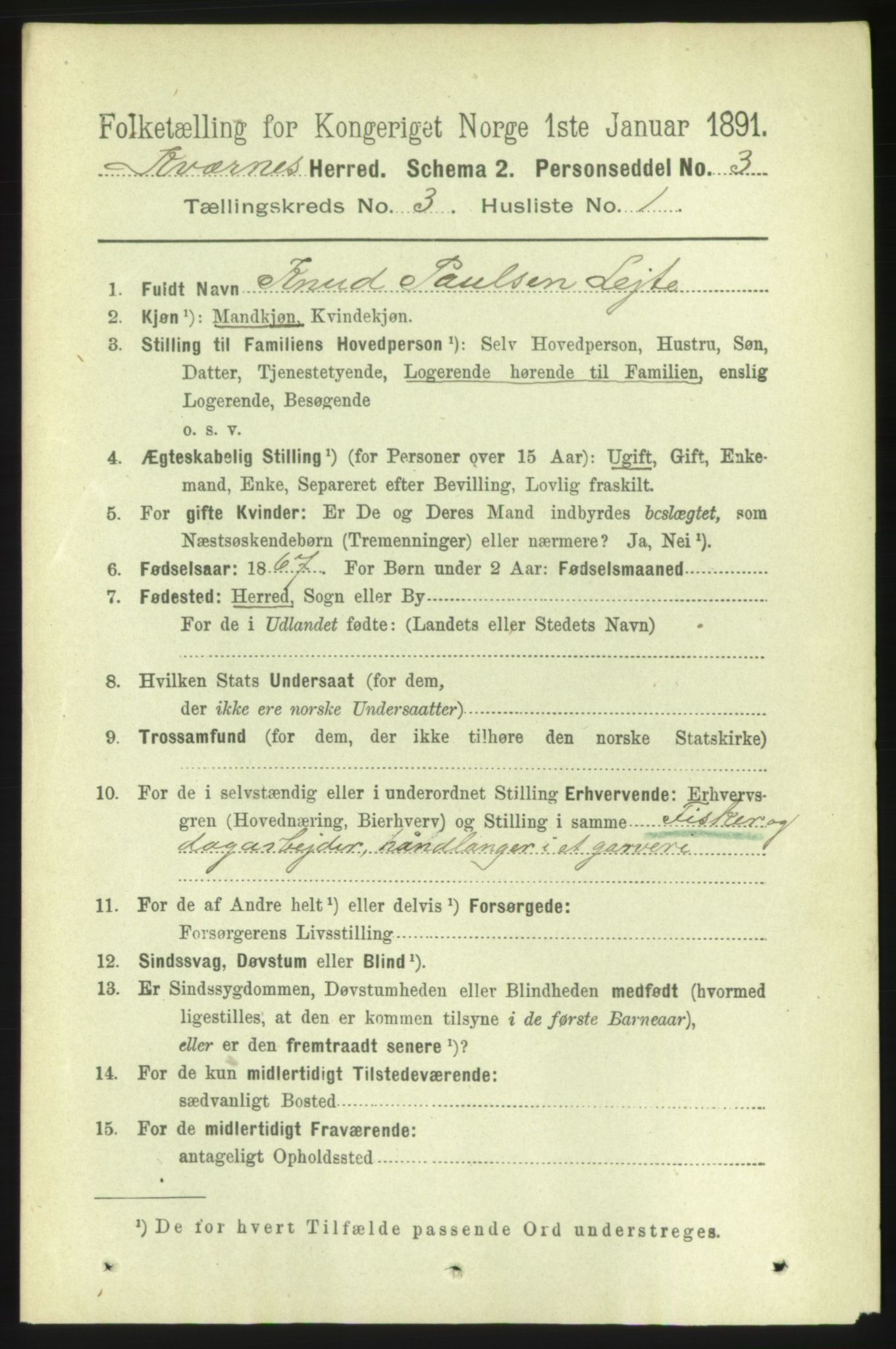 RA, 1891 census for 1553 Kvernes, 1891, p. 1037