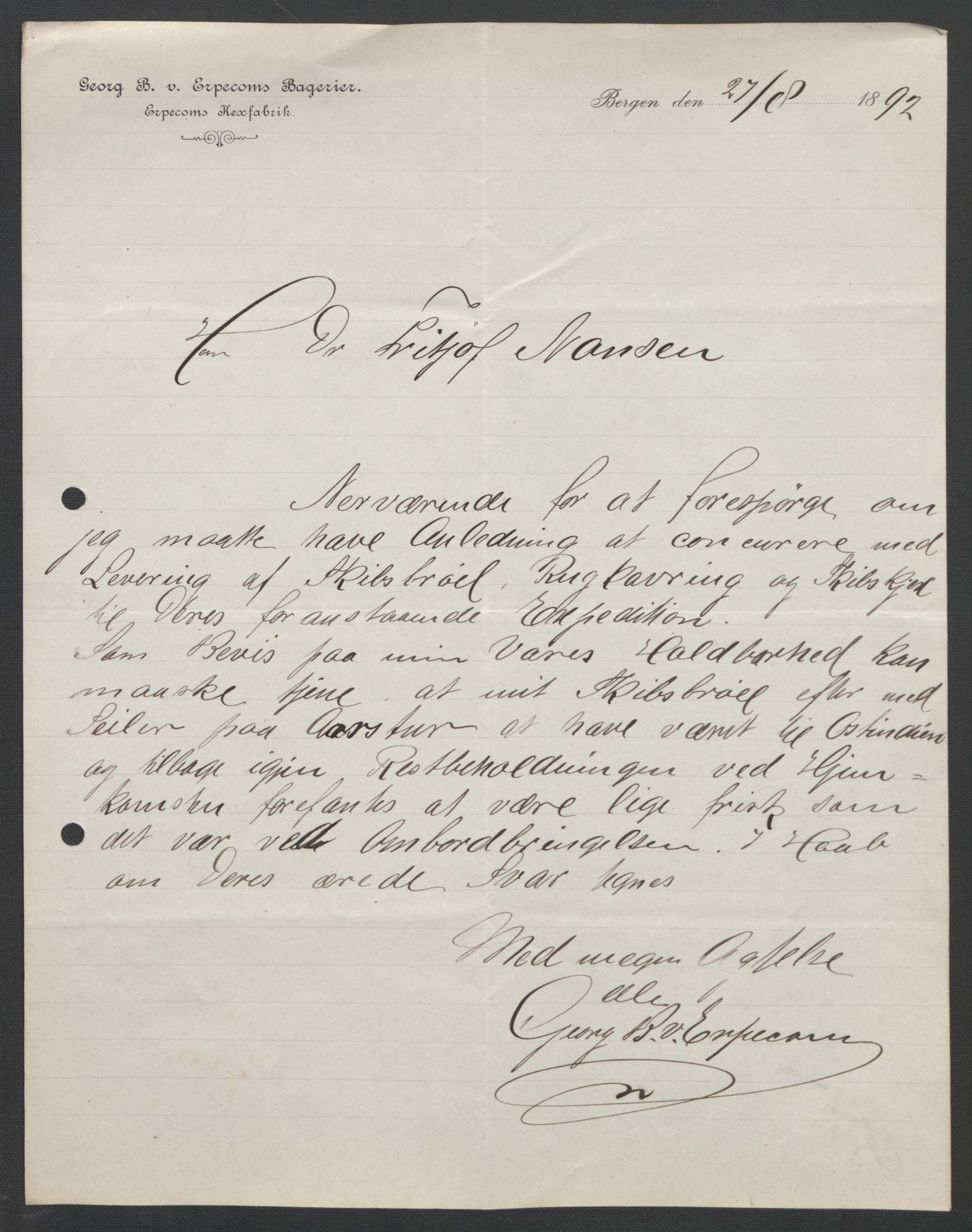 Arbeidskomitéen for Fridtjof Nansens polarekspedisjon, AV/RA-PA-0061/D/L0004: Innk. brev og telegrammer vedr. proviant og utrustning, 1892-1893, p. 147