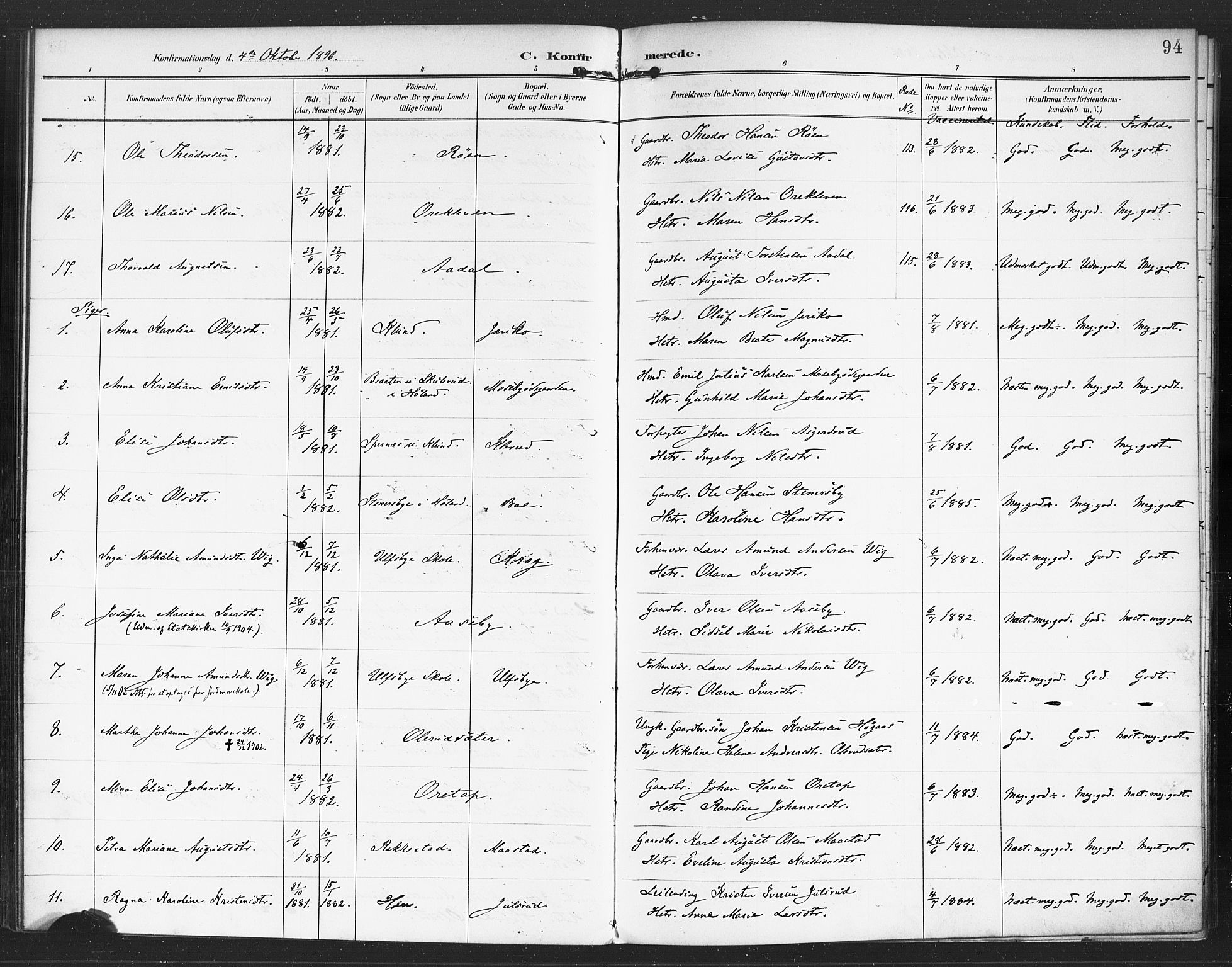 Rødenes prestekontor Kirkebøker, AV/SAO-A-2005/F/Fa/L0010: Parish register (official) no. I 10, 1890-1900, p. 94