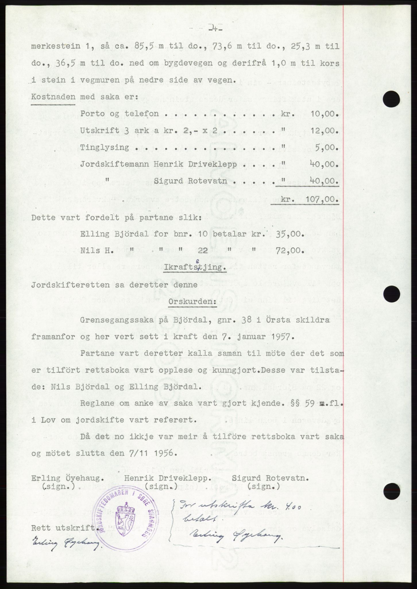 Søre Sunnmøre sorenskriveri, AV/SAT-A-4122/1/2/2C/L0105: Mortgage book no. 31A, 1956-1957, Diary no: : 144/1957