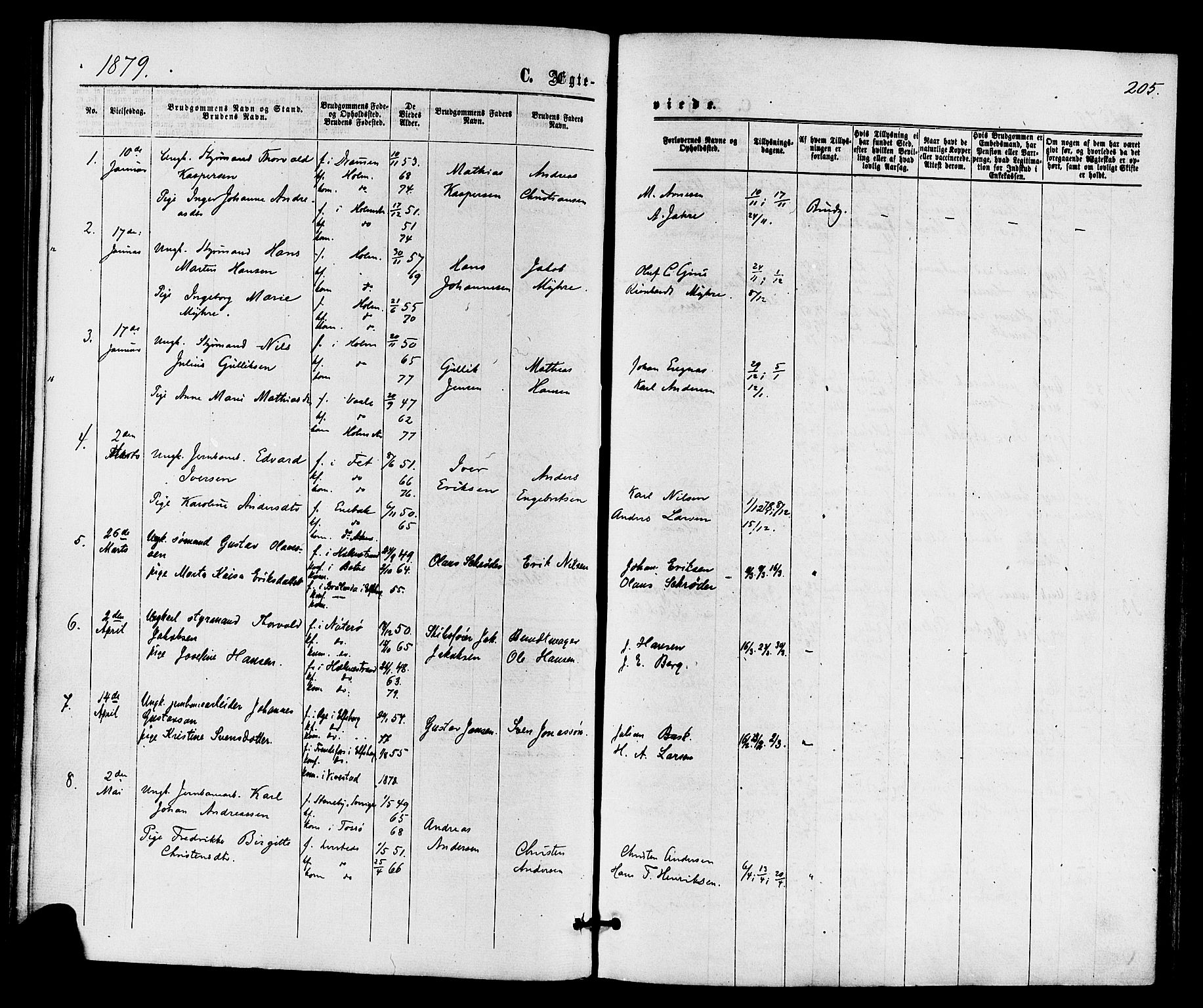 Holmestrand kirkebøker, AV/SAKO-A-346/F/Fa/L0003: Parish register (official) no. 3, 1867-1879, p. 205