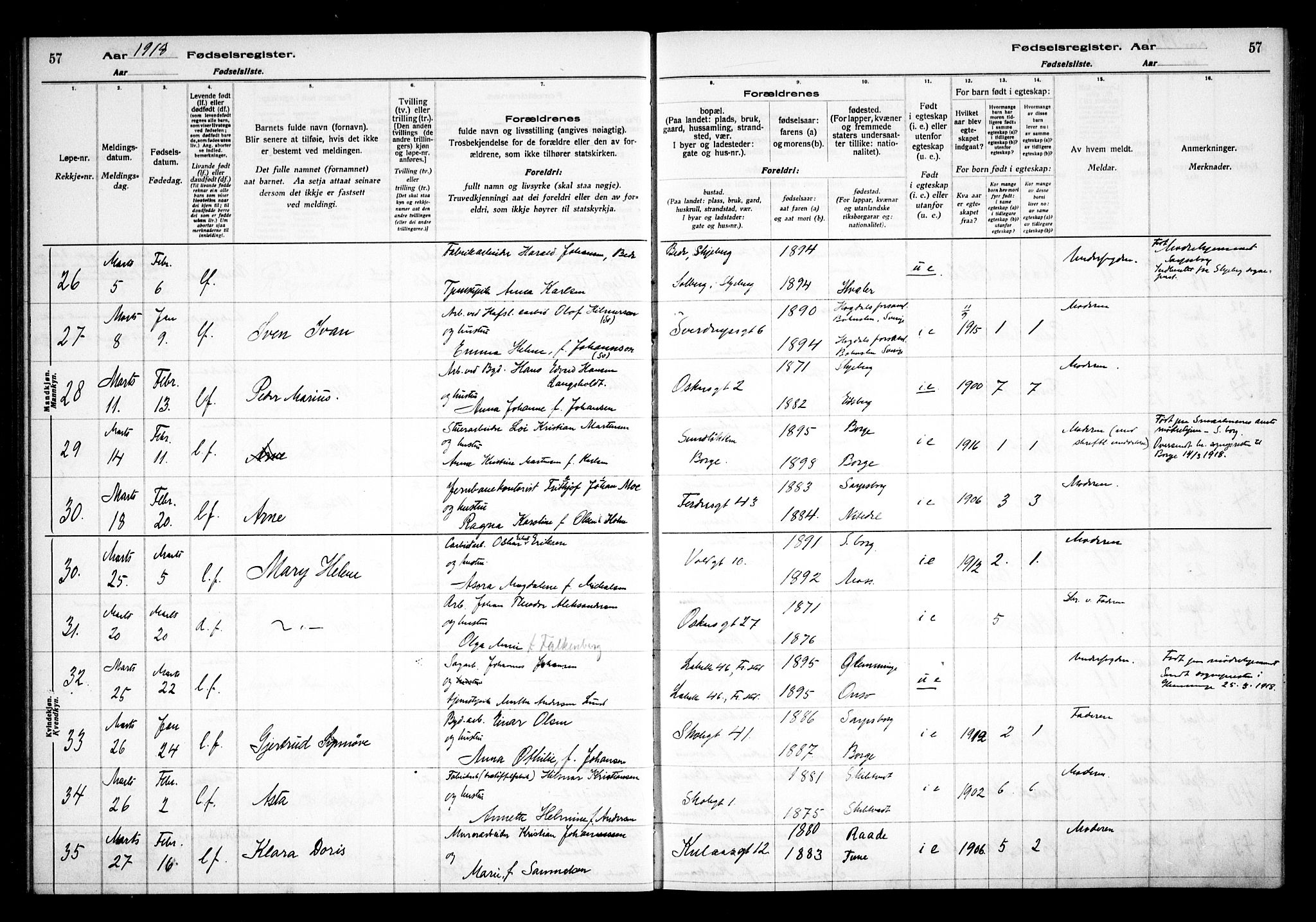 Sarpsborg prestekontor Kirkebøker, AV/SAO-A-2006/J/Ja/L0001: Birth register no. 1, 1916-1922, p. 57