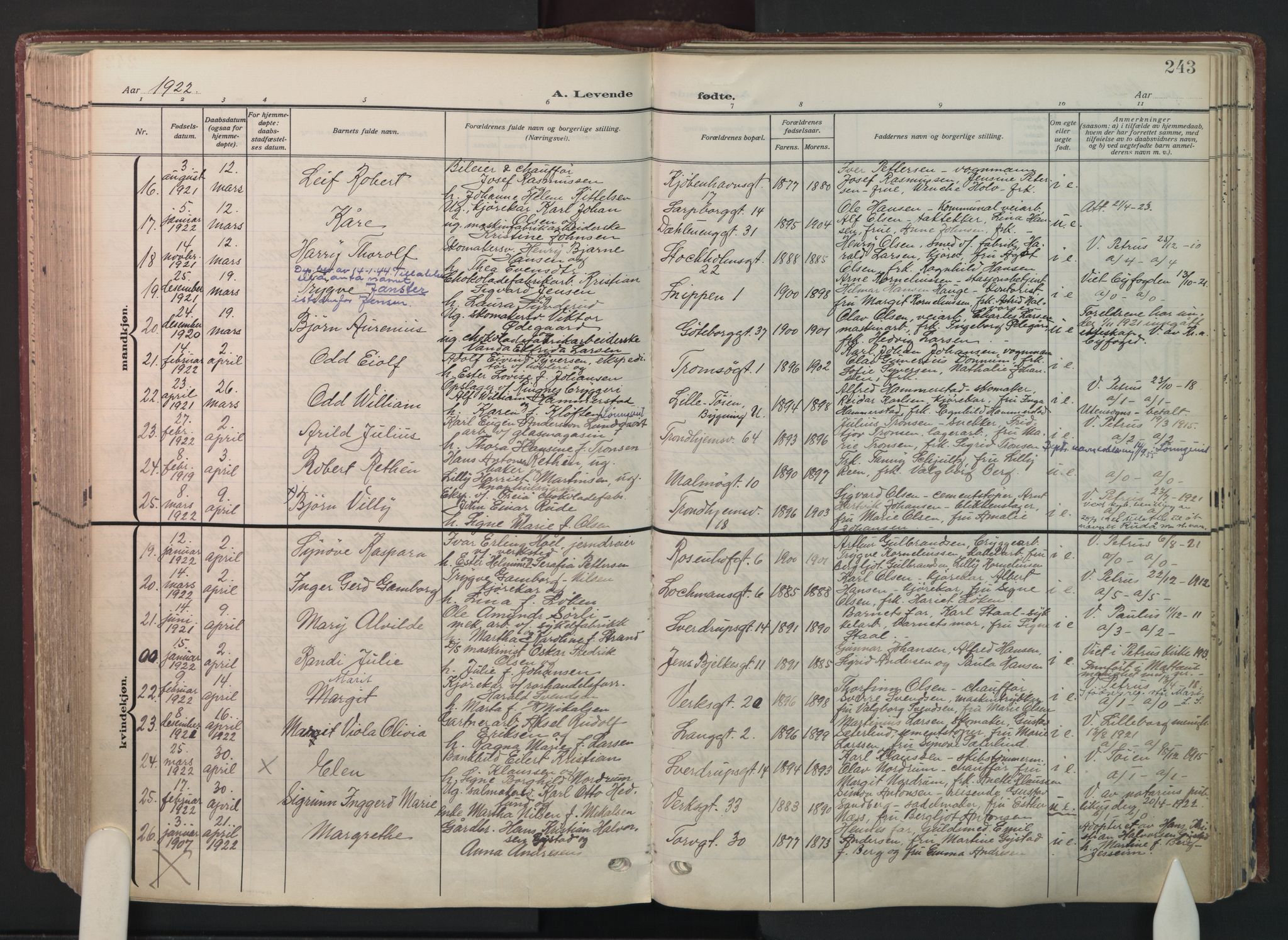 Petrus prestekontor Kirkebøker, AV/SAO-A-10872/F/Fa/L0012: Parish register (official) no. 12, 1909-1936, p. 243