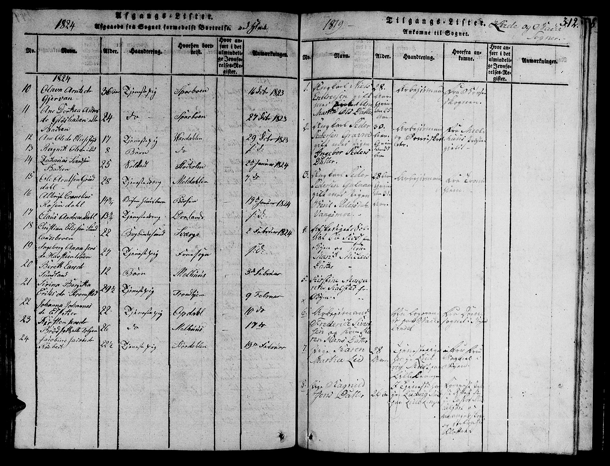Ministerialprotokoller, klokkerbøker og fødselsregistre - Sør-Trøndelag, AV/SAT-A-1456/606/L0307: Parish register (copy) no. 606C03, 1817-1824, p. 312