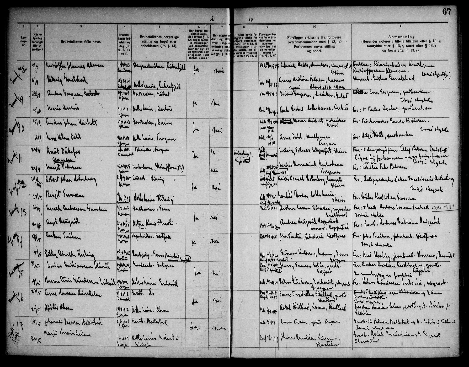 Gjerpen kirkebøker, SAKO/A-265/H/Ha/L0003: Banns register no. I 3, 1919-1946, p. 67