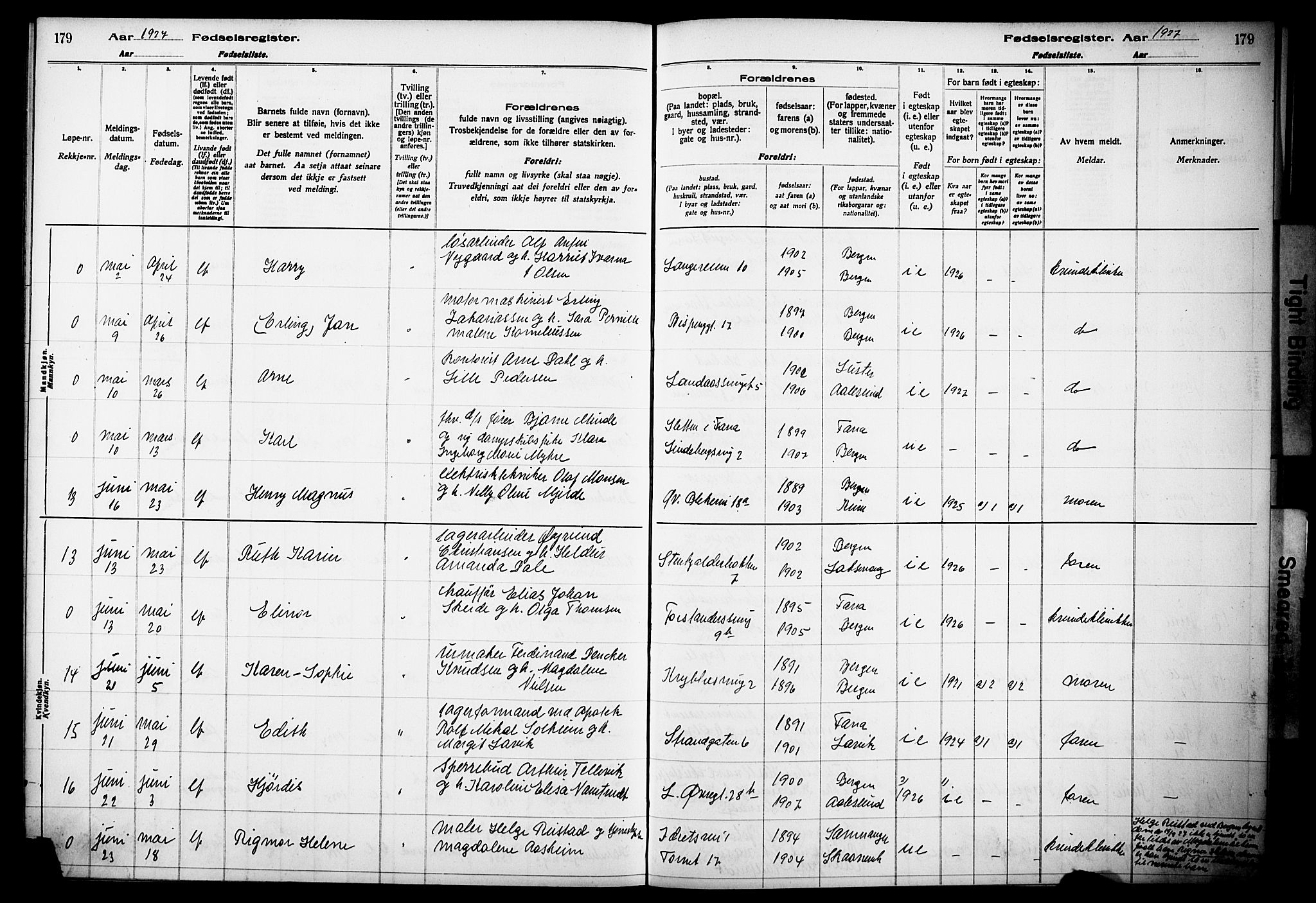 Korskirken sokneprestembete, AV/SAB-A-76101/I/Id/L00A1: Birth register no. A 1, 1916-1929, p. 179