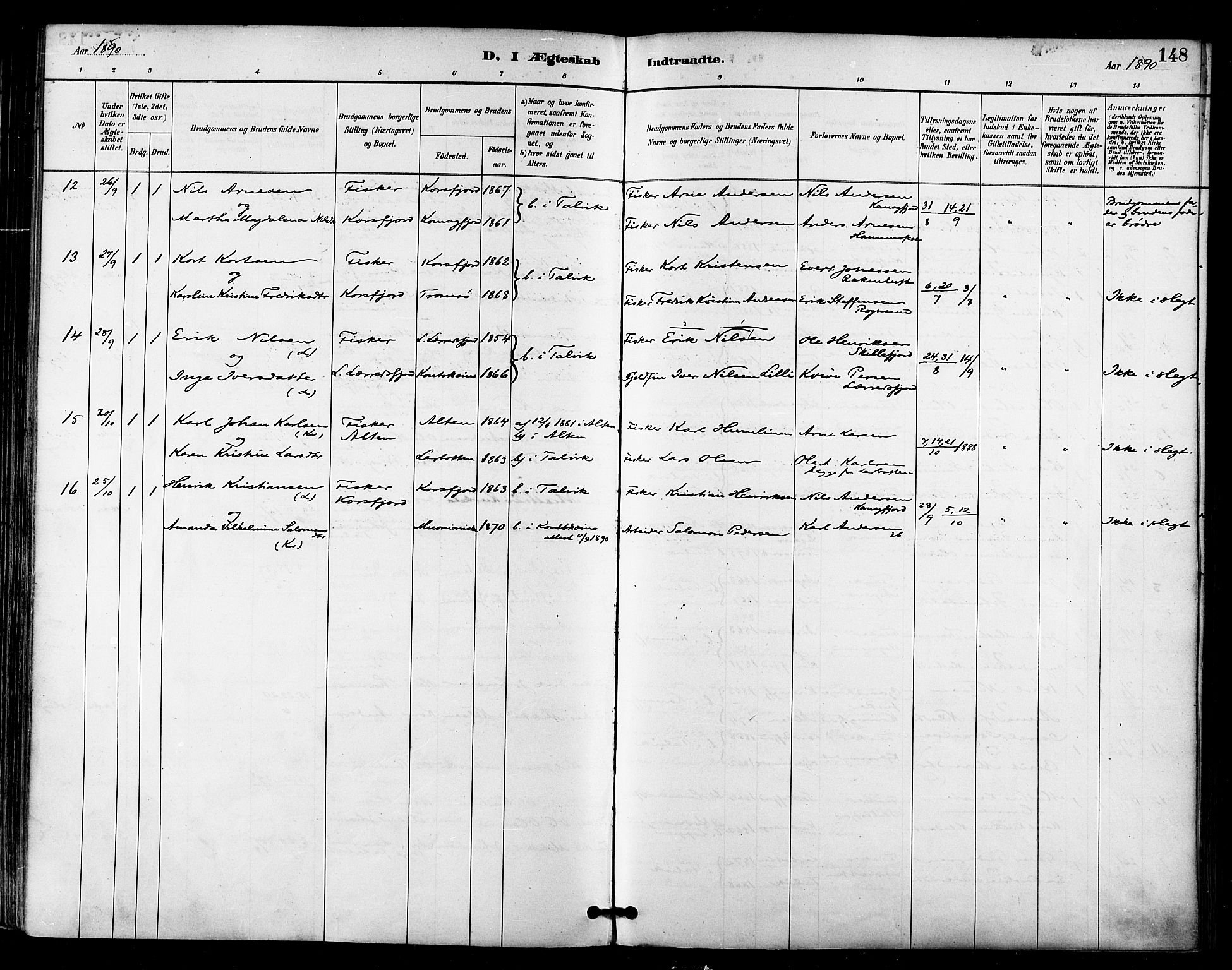 Talvik sokneprestkontor, SATØ/S-1337/H/Ha/L0013kirke: Parish register (official) no. 13, 1886-1897, p. 148