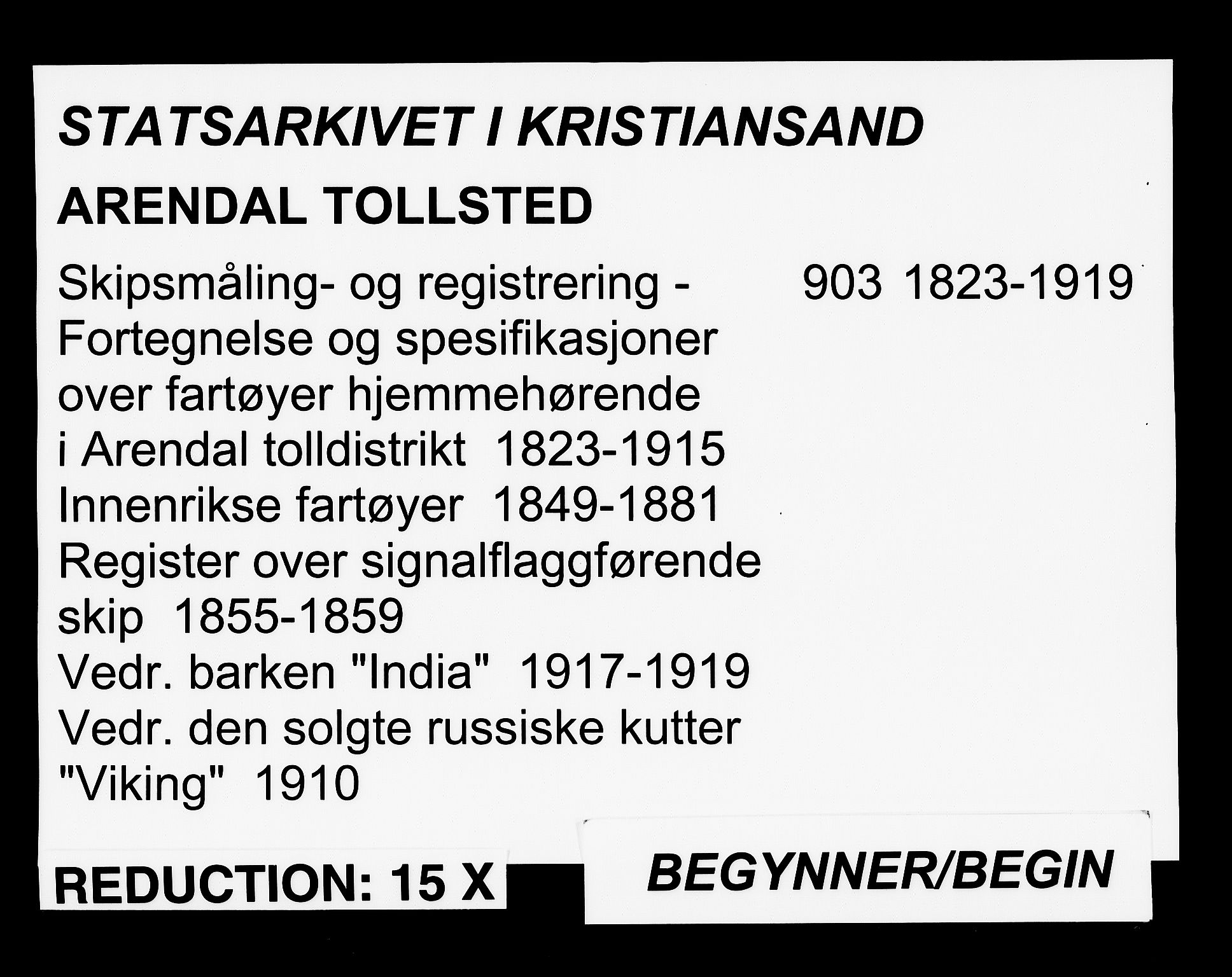 Arendal tollsted, SAK/1351-0003/H/Ha/L0903: Fortegnelse og spesifikasjoner over fartøyer hjemmehørende i Arendal tolldistrikt, 1823-1915, p. 1