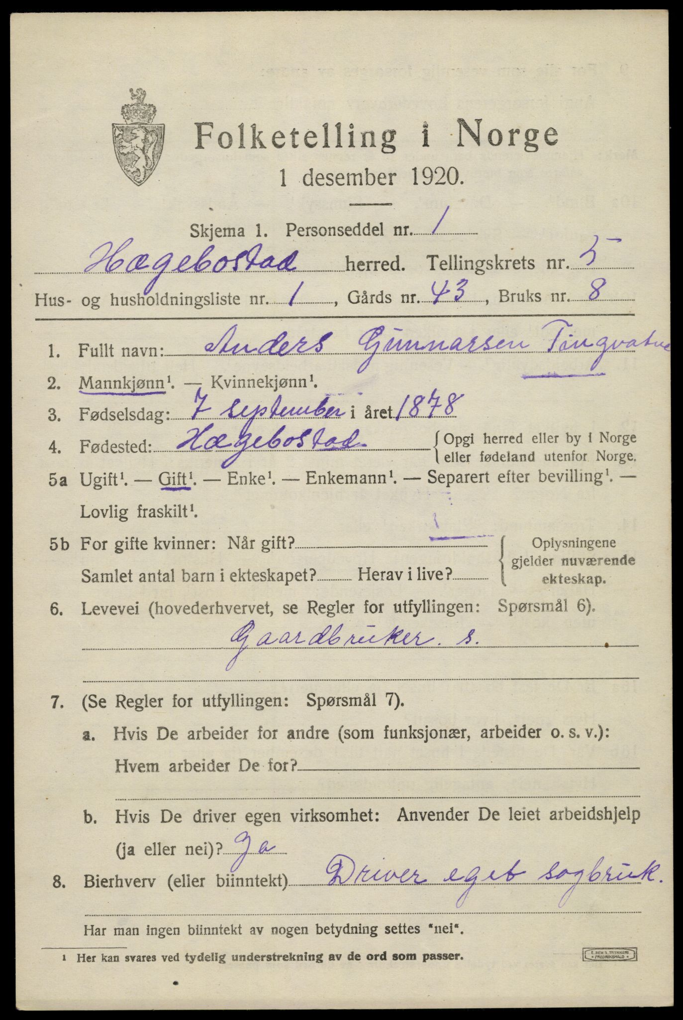 SAK, 1920 census for Hægebostad, 1920, p. 1843