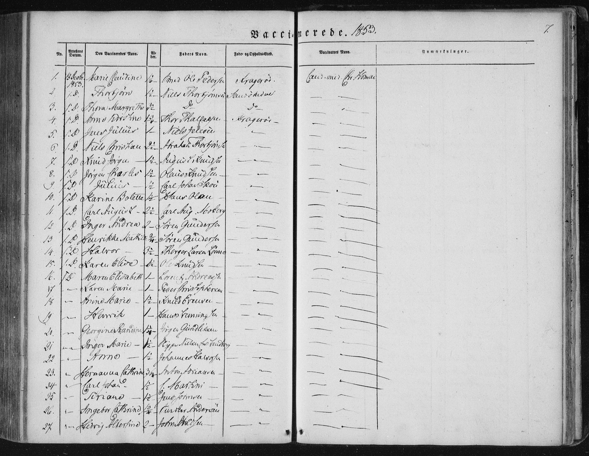 Kragerø kirkebøker, SAKO/A-278/F/Fa/L0006: Parish register (official) no. 6, 1847-1861, p. 7