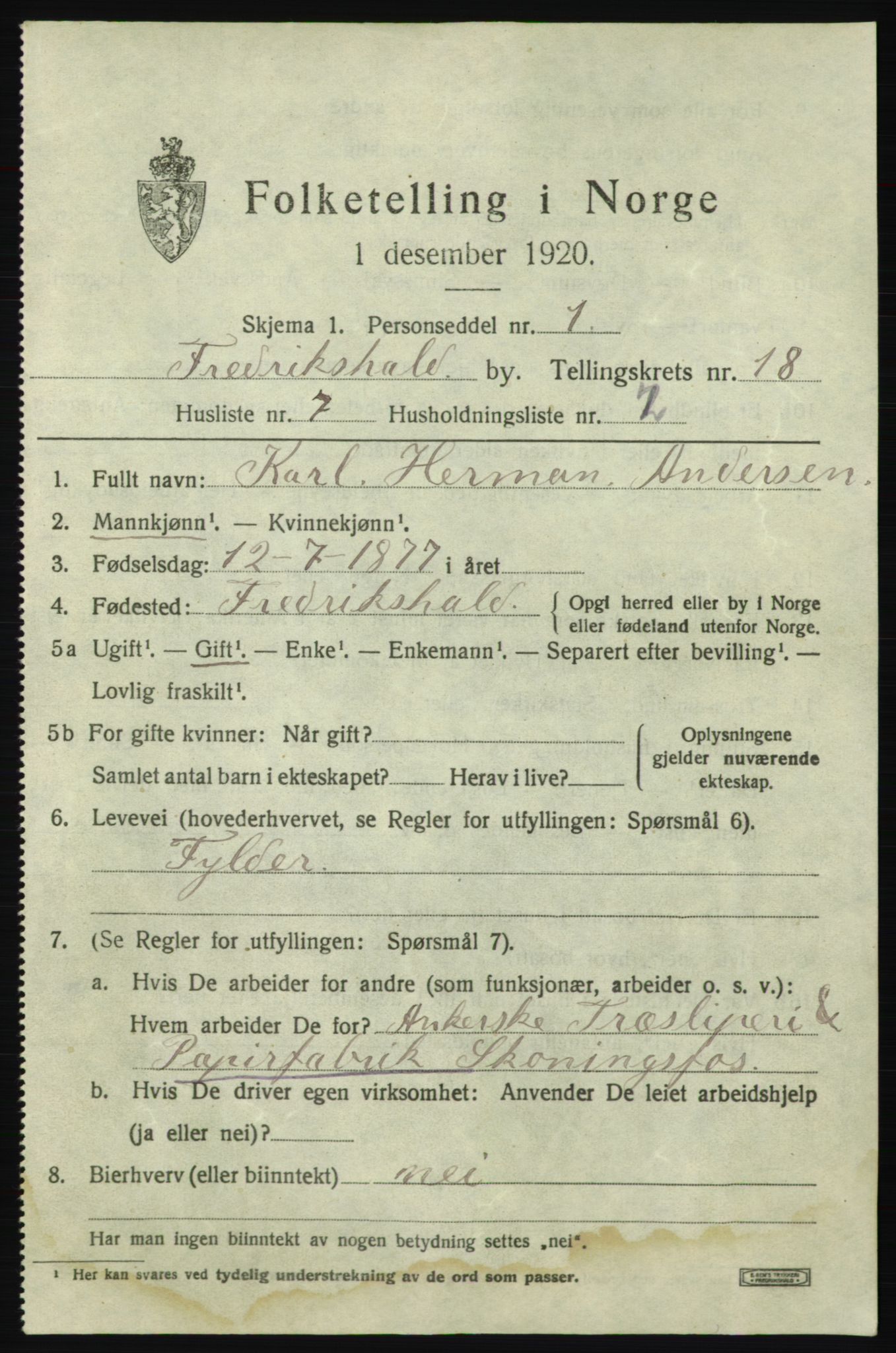 SAO, 1920 census for Fredrikshald, 1920, p. 27209
