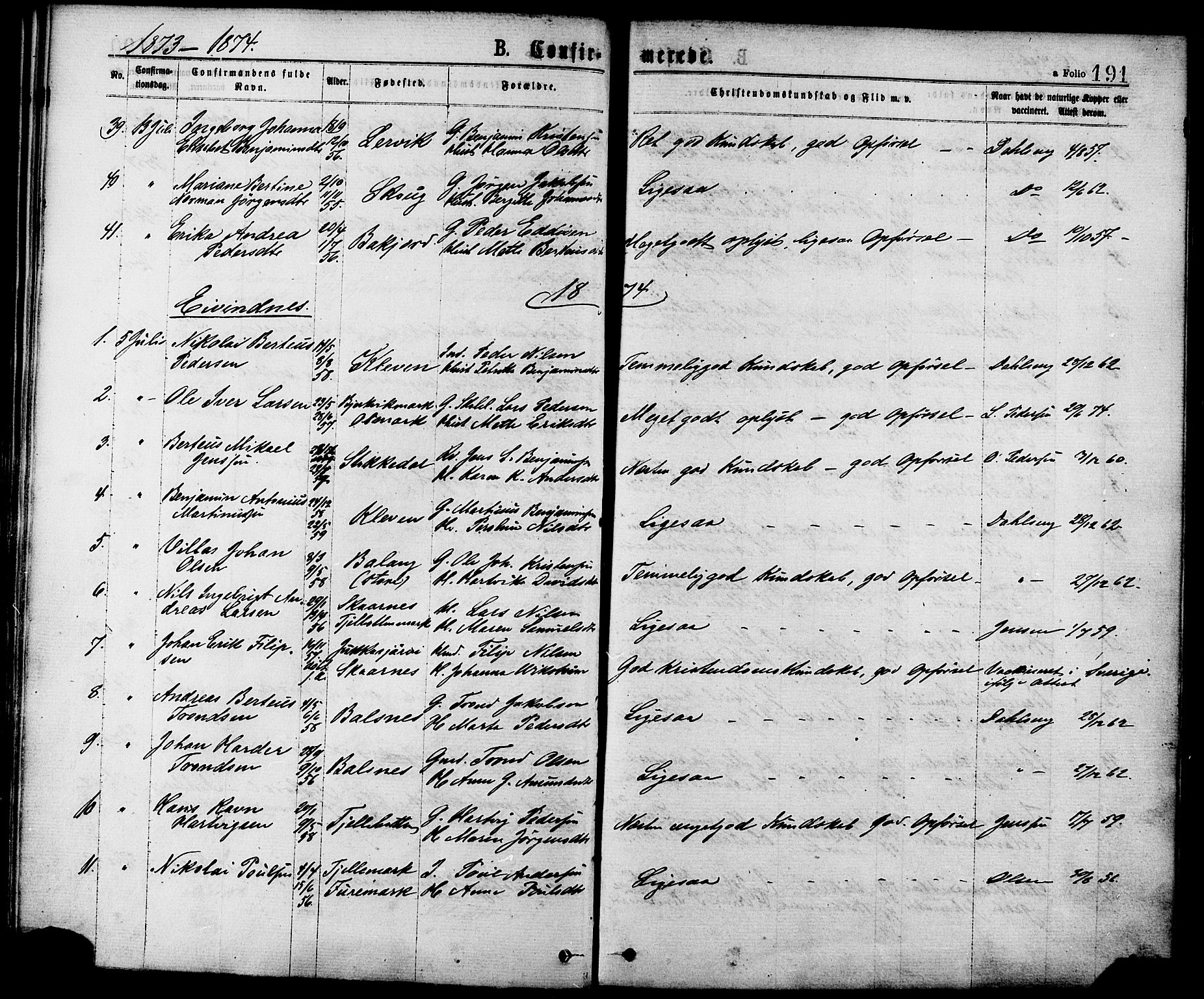 Ministerialprotokoller, klokkerbøker og fødselsregistre - Nordland, AV/SAT-A-1459/863/L0897: Parish register (official) no. 863A09, 1872-1886, p. 191