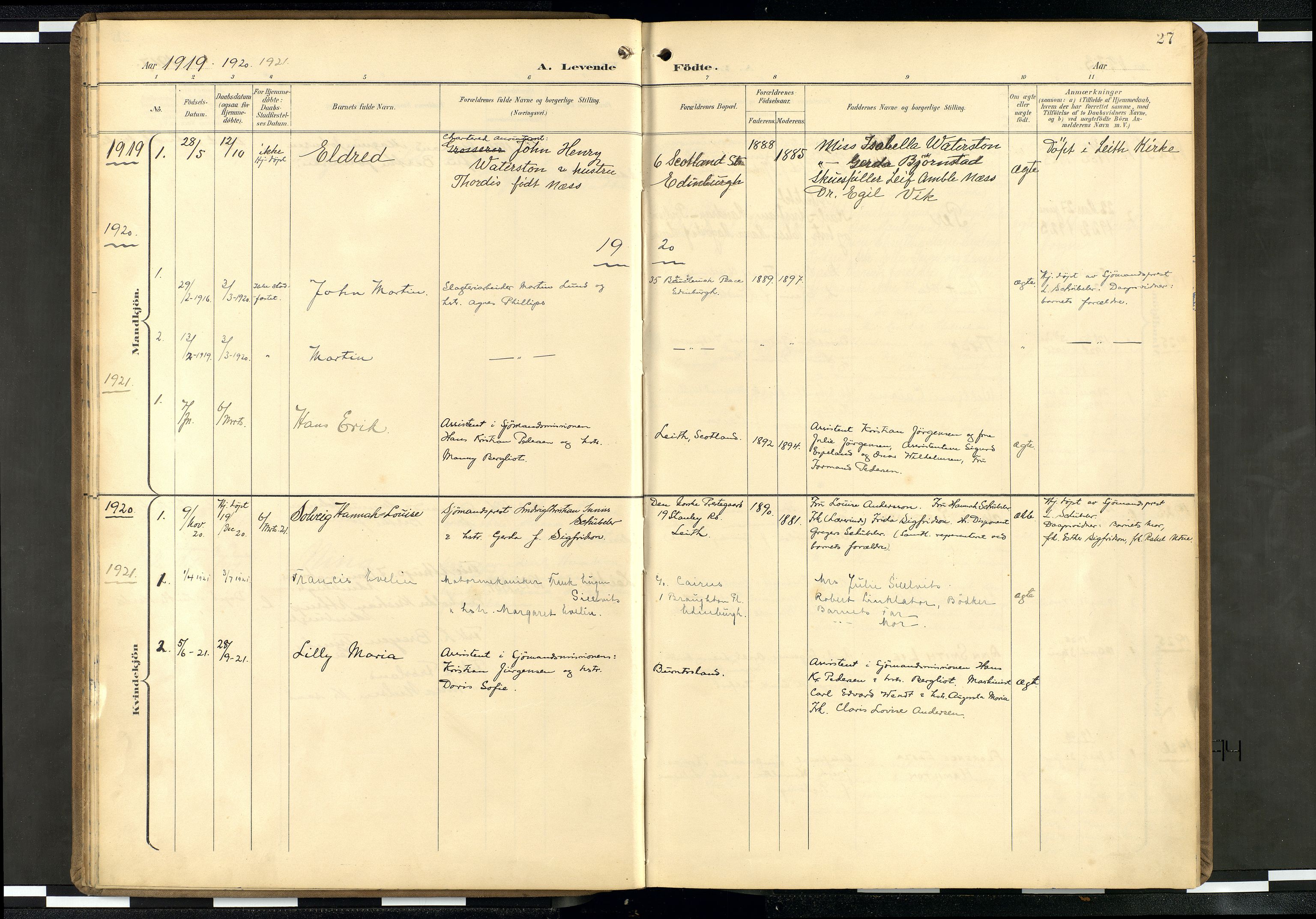 Den norske sjømannsmisjon i utlandet/Skotske havner (Leith, Glasgow), SAB/SAB/PA-0100/H/Ha/Haa/L0004: Parish register (official) no. A 4, 1899-1949, p. 26b-27a