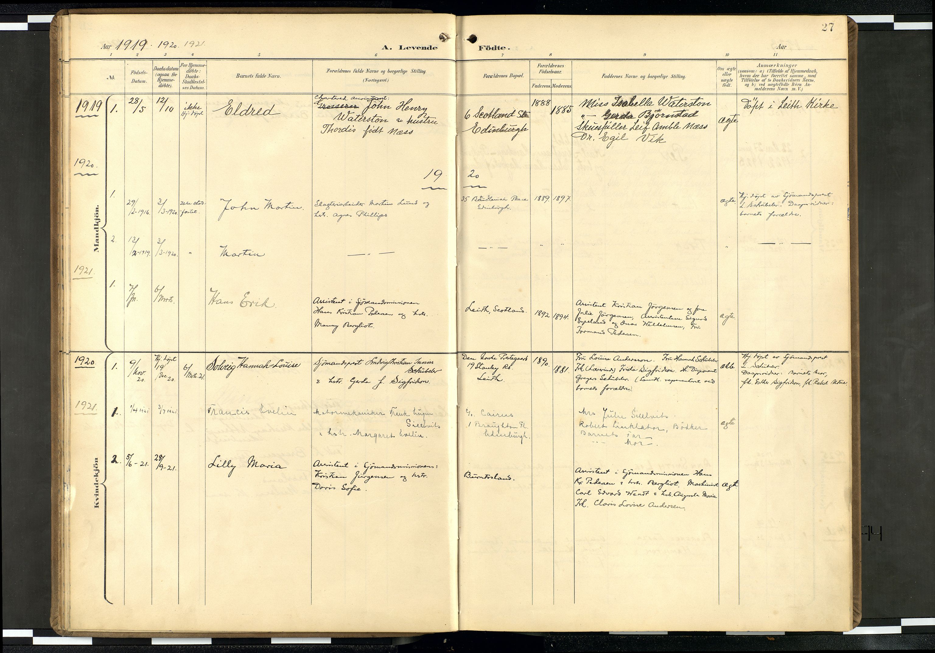 Den norske sjømannsmisjon i utlandet/Skotske havner (Leith, Glasgow), AV/SAB-SAB/PA-0100/H/Ha/Haa/L0004: Parish register (official) no. A 4, 1899-1949, p. 26b-27a