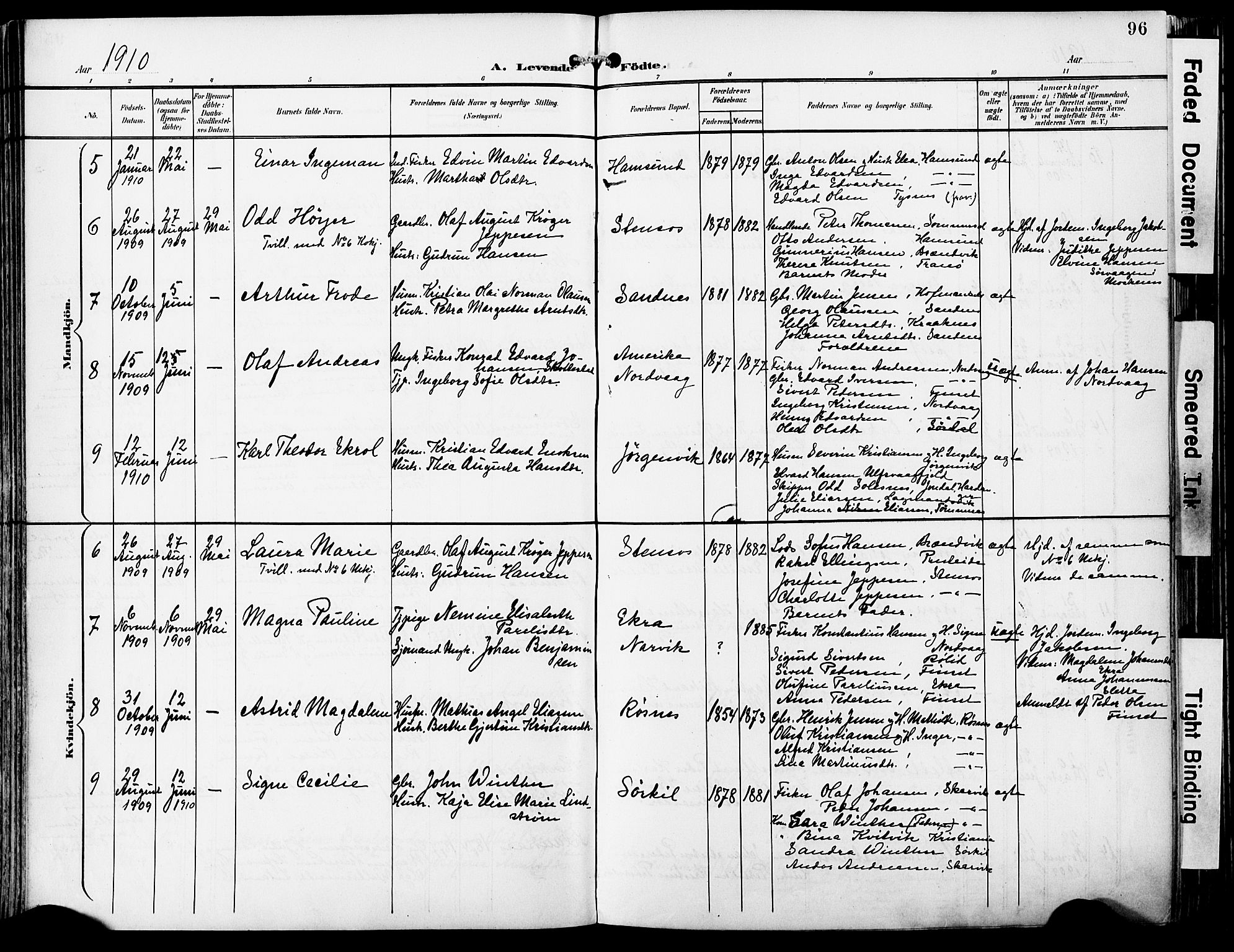 Ministerialprotokoller, klokkerbøker og fødselsregistre - Nordland, SAT/A-1459/859/L0848: Parish register (official) no. 859A08, 1900-1912, p. 96