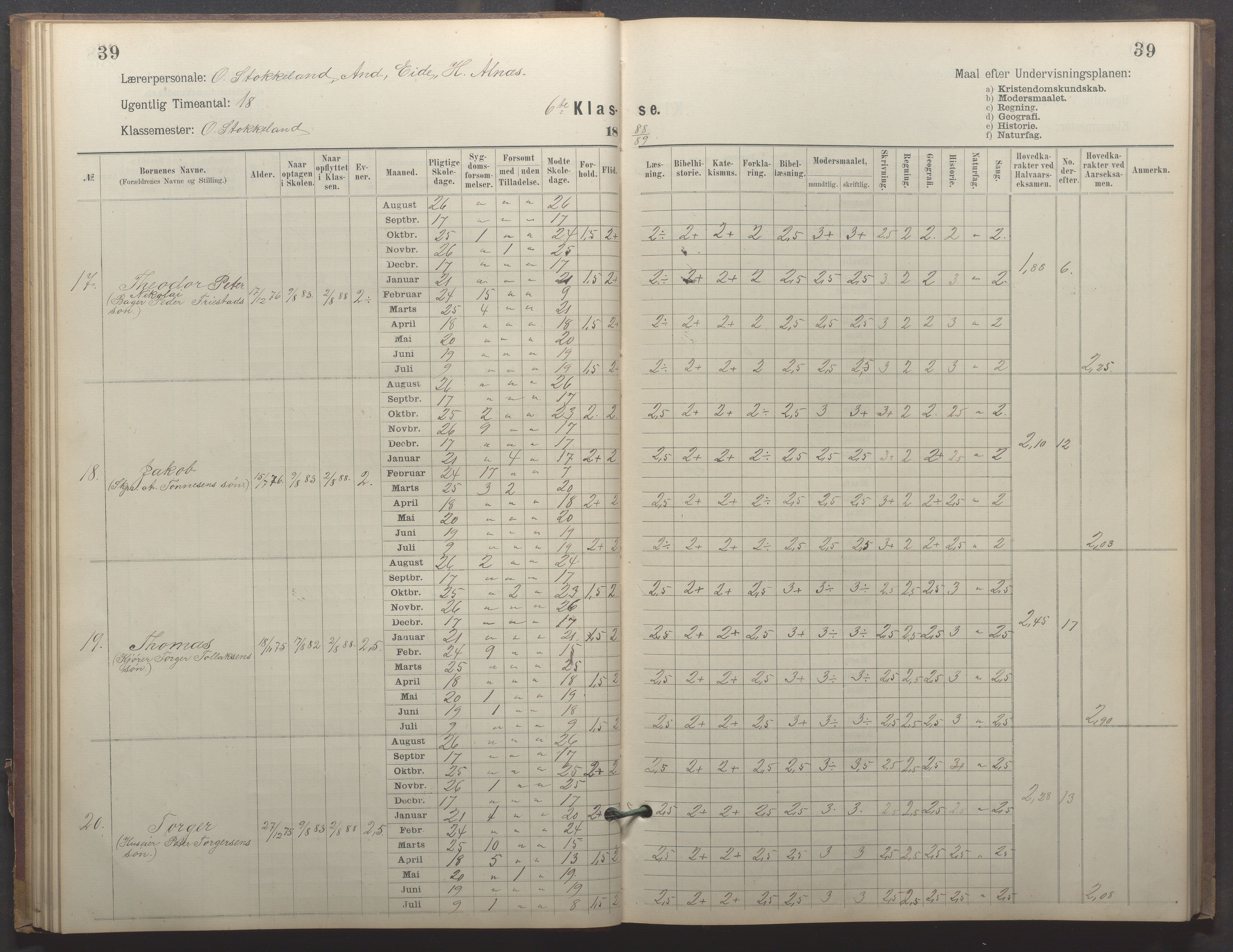 Egersund kommune (Ladested) - Egersund almueskole/folkeskole, IKAR/K-100521/H/L0023: Skoleprotokoll - Almueskolen, 6. klasse, 1886-1892, p. 39