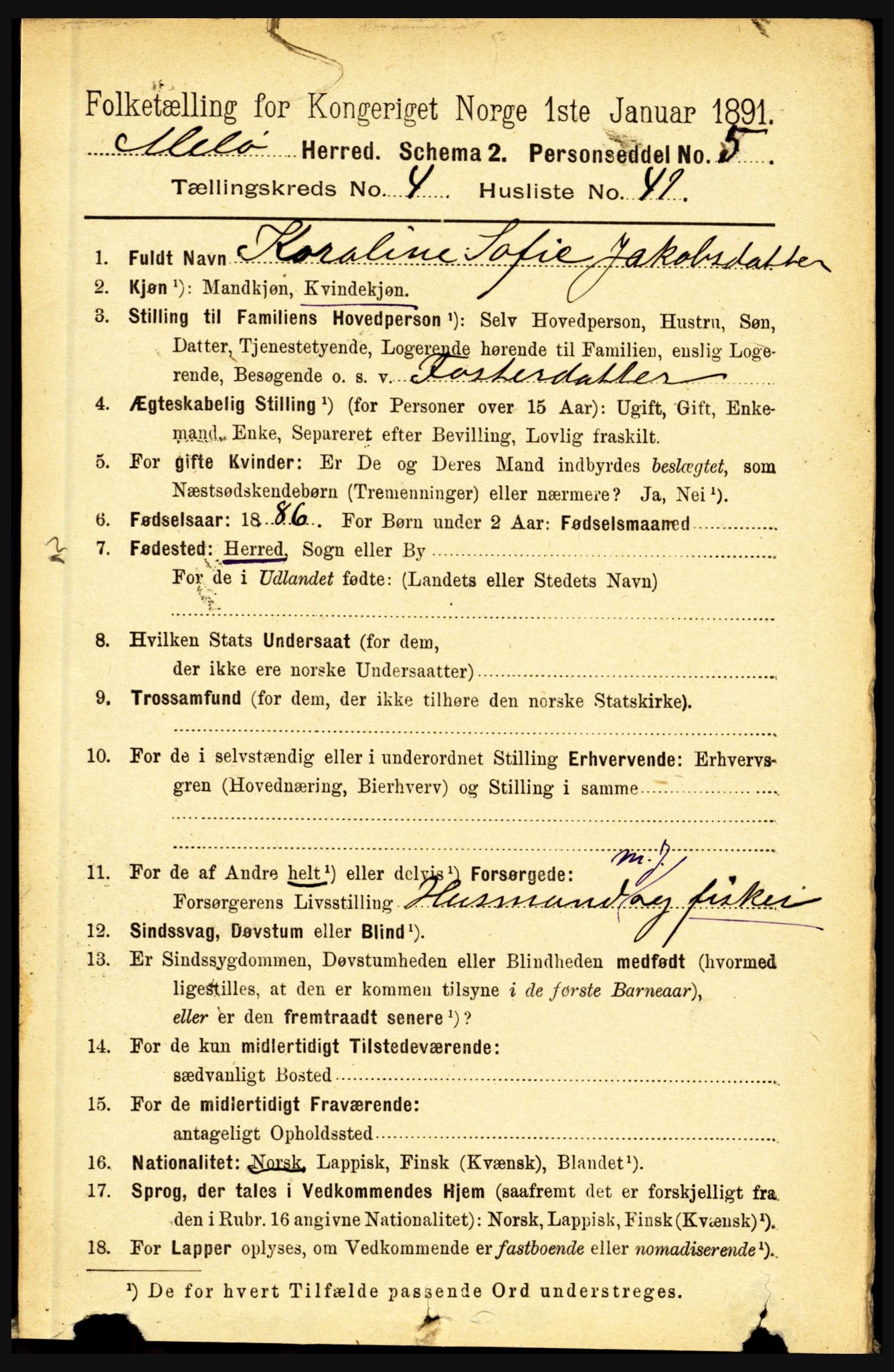 RA, 1891 census for 1837 Meløy, 1891, p. 1761