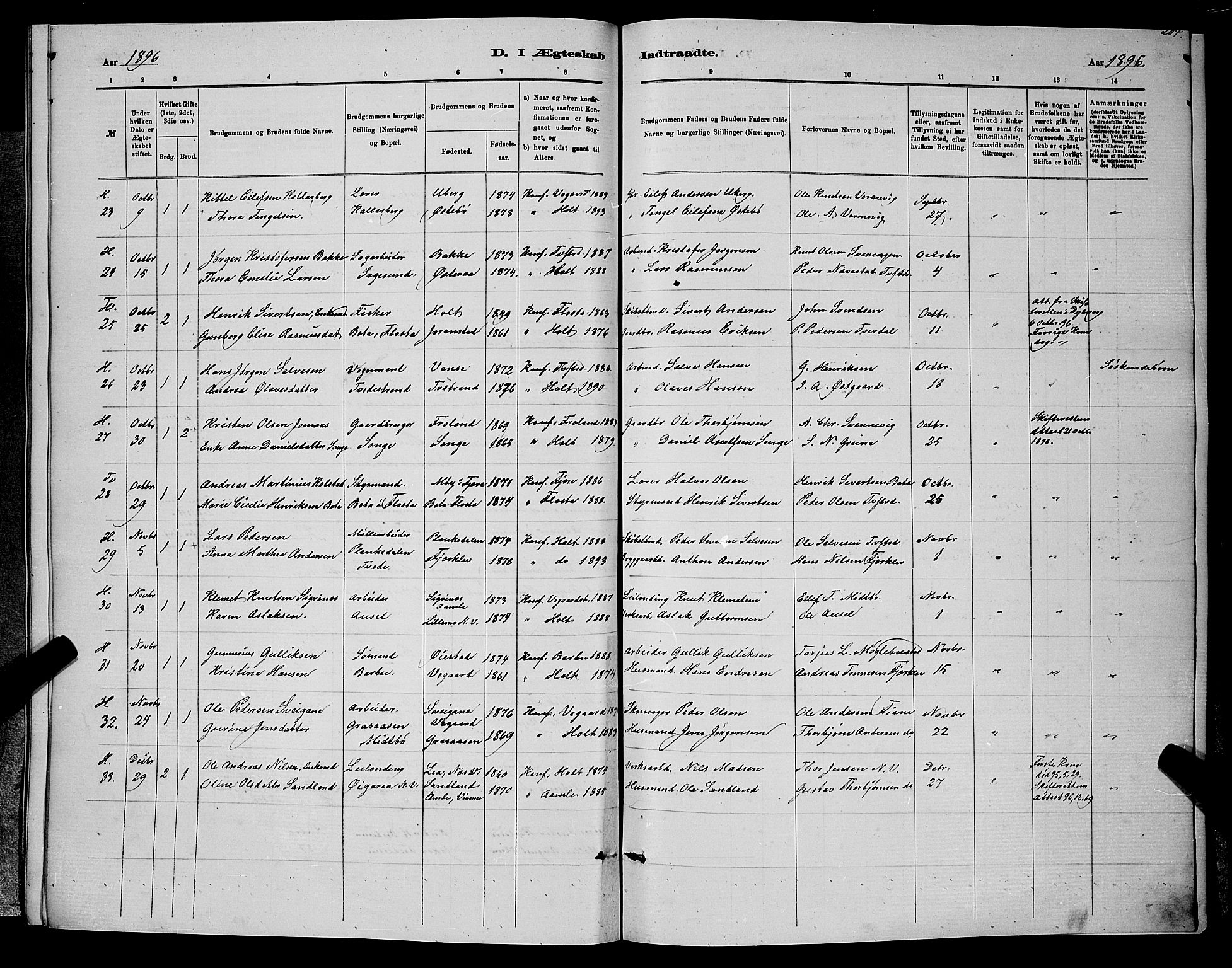 Holt sokneprestkontor, AV/SAK-1111-0021/F/Fb/L0010: Parish register (copy) no. B 10, 1883-1896, p. 204