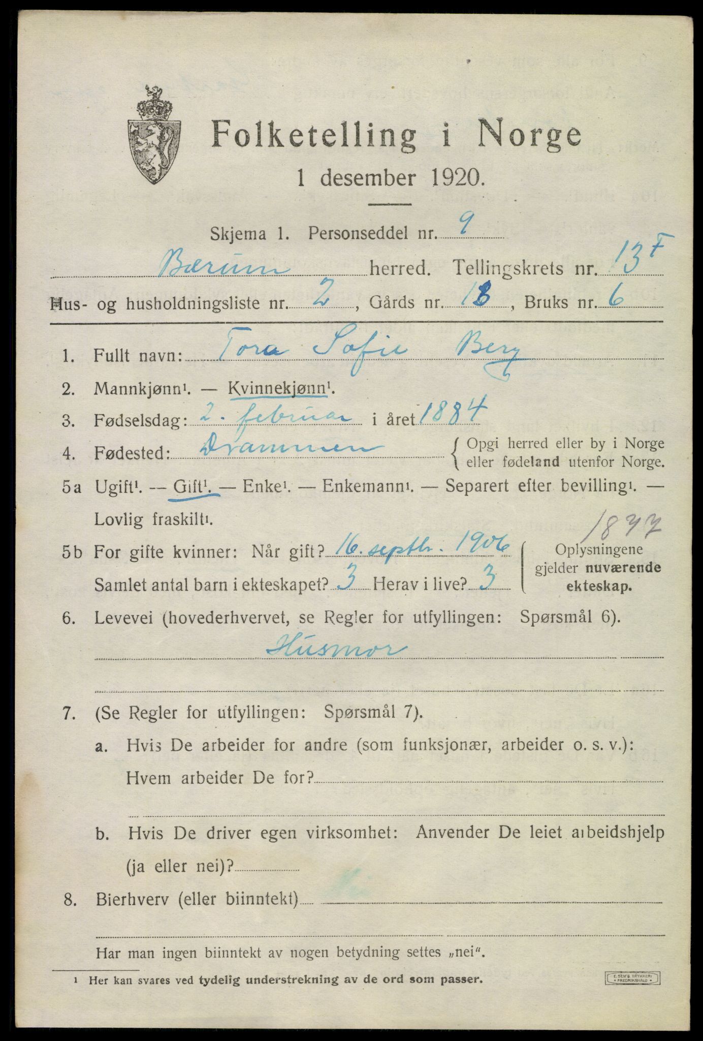 SAO, 1920 census for Bærum, 1920, p. 38994