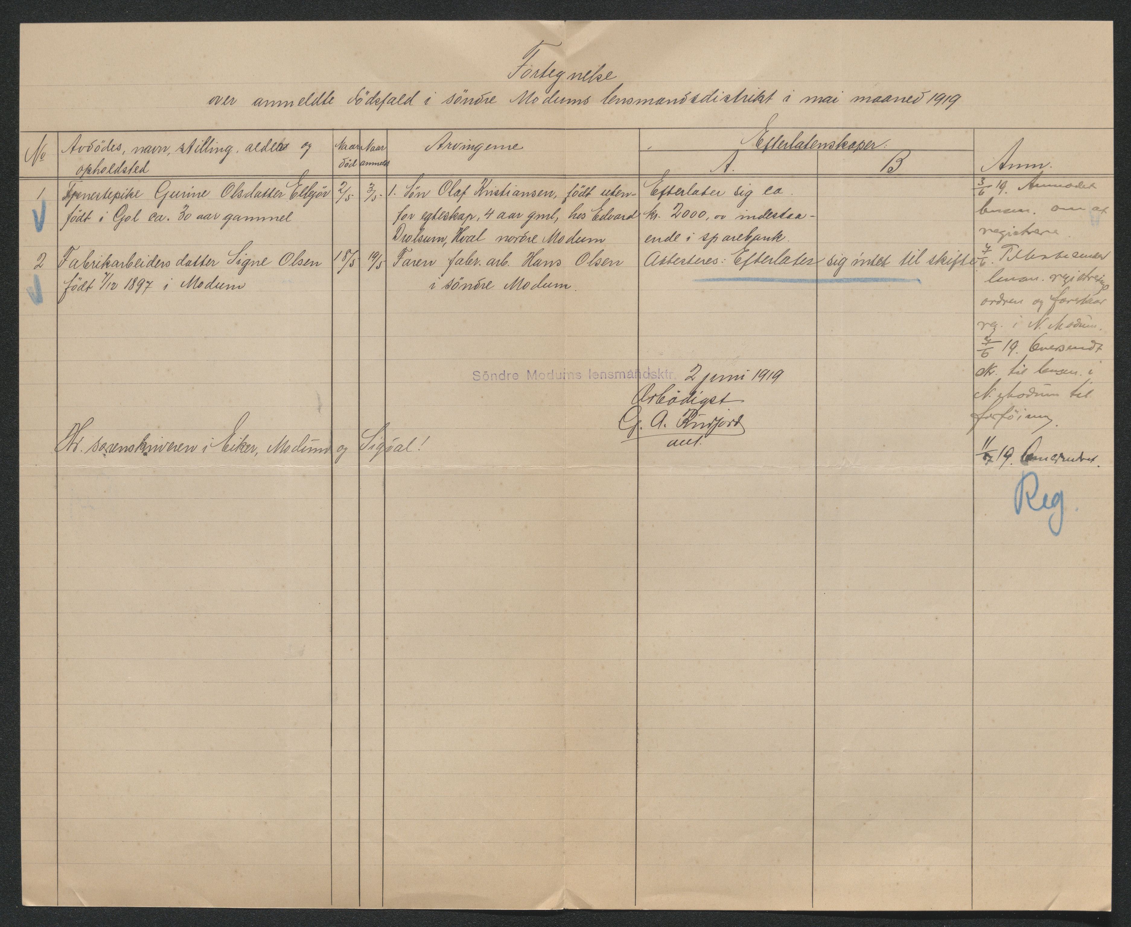 Eiker, Modum og Sigdal sorenskriveri, AV/SAKO-A-123/H/Ha/Hab/L0039: Dødsfallsmeldinger, 1918-1919, p. 1218