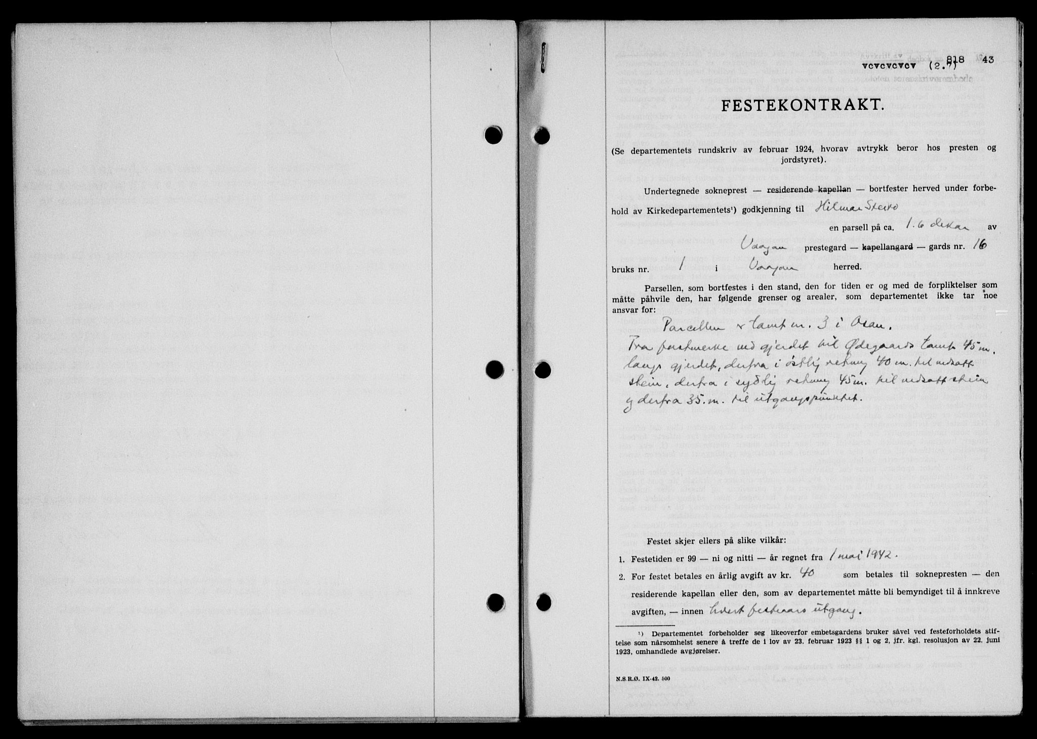 Lofoten sorenskriveri, SAT/A-0017/1/2/2C/L0011a: Mortgage book no. 11a, 1943-1943, Diary no: : 818/1943
