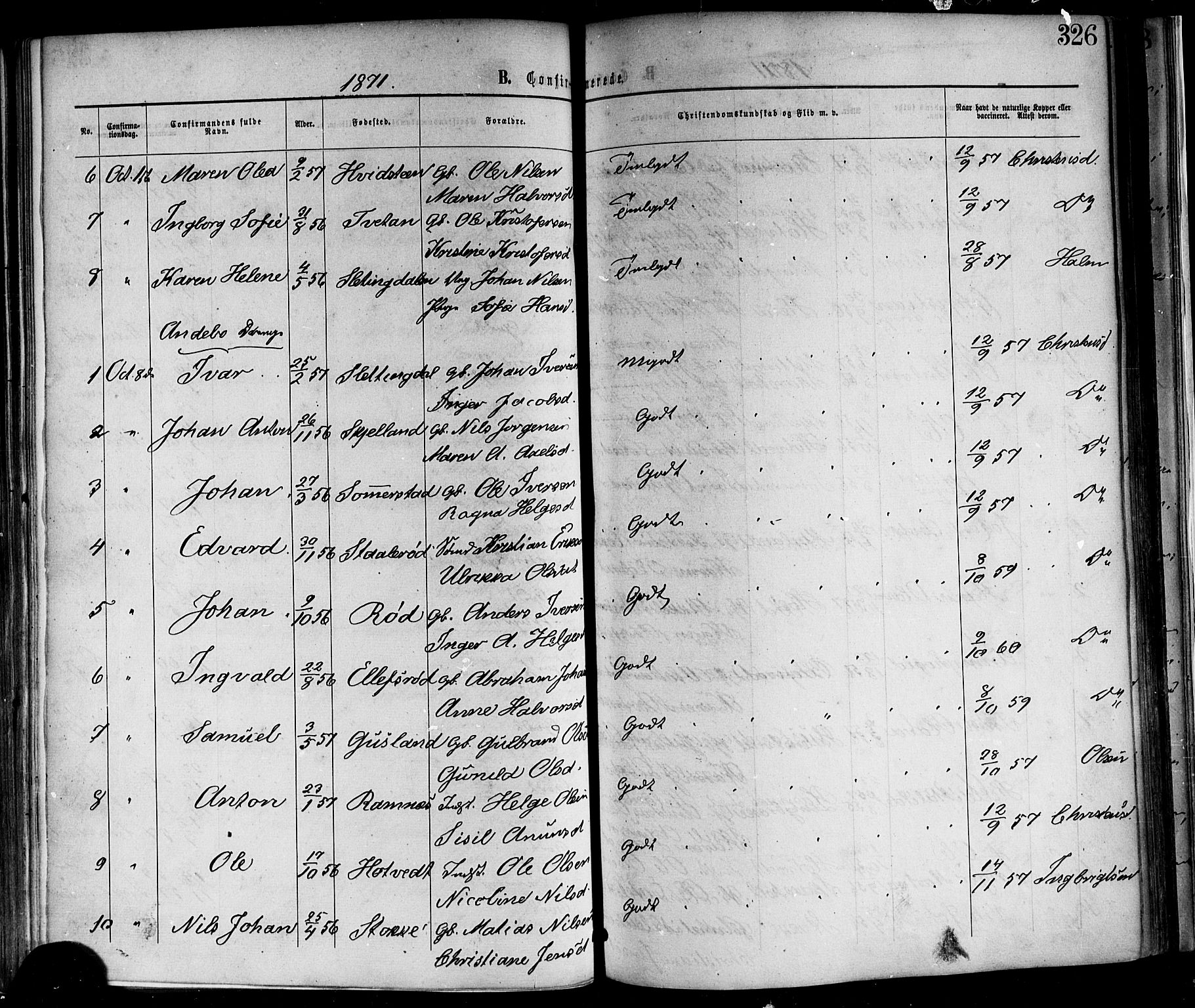 Andebu kirkebøker, AV/SAKO-A-336/F/Fa/L0006: Parish register (official) no. 6, 1871-1878, p. 326