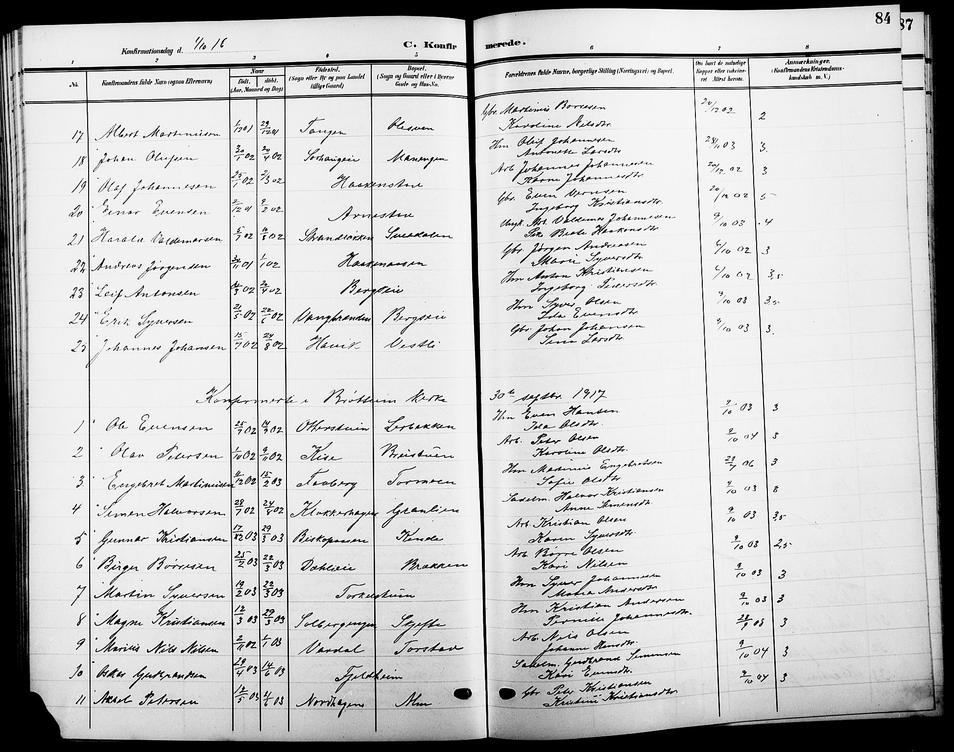 Ringsaker prestekontor, SAH/PREST-014/L/La/L0016: Parish register (copy) no. 16, 1905-1920, p. 84