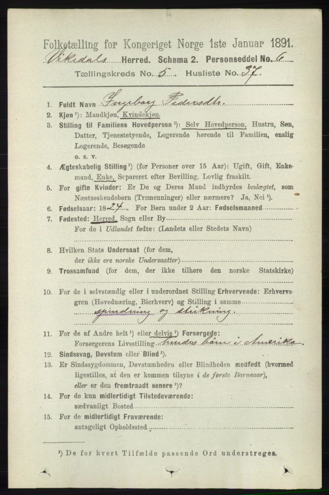 RA, 1891 census for 1157 Vikedal, 1891, p. 1357