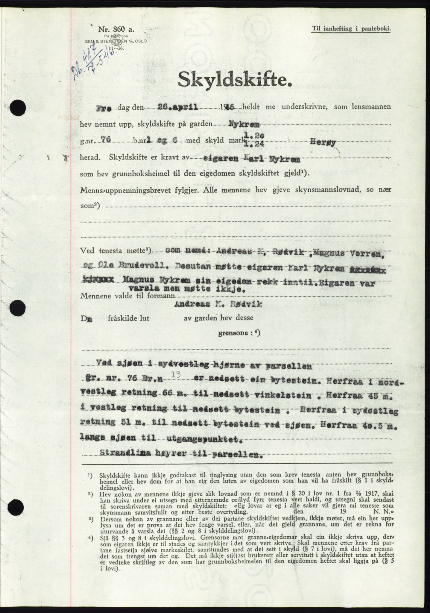 Søre Sunnmøre sorenskriveri, AV/SAT-A-4122/1/2/2C/L0078: Mortgage book no. 4A, 1946-1946, Diary no: : 417/1946