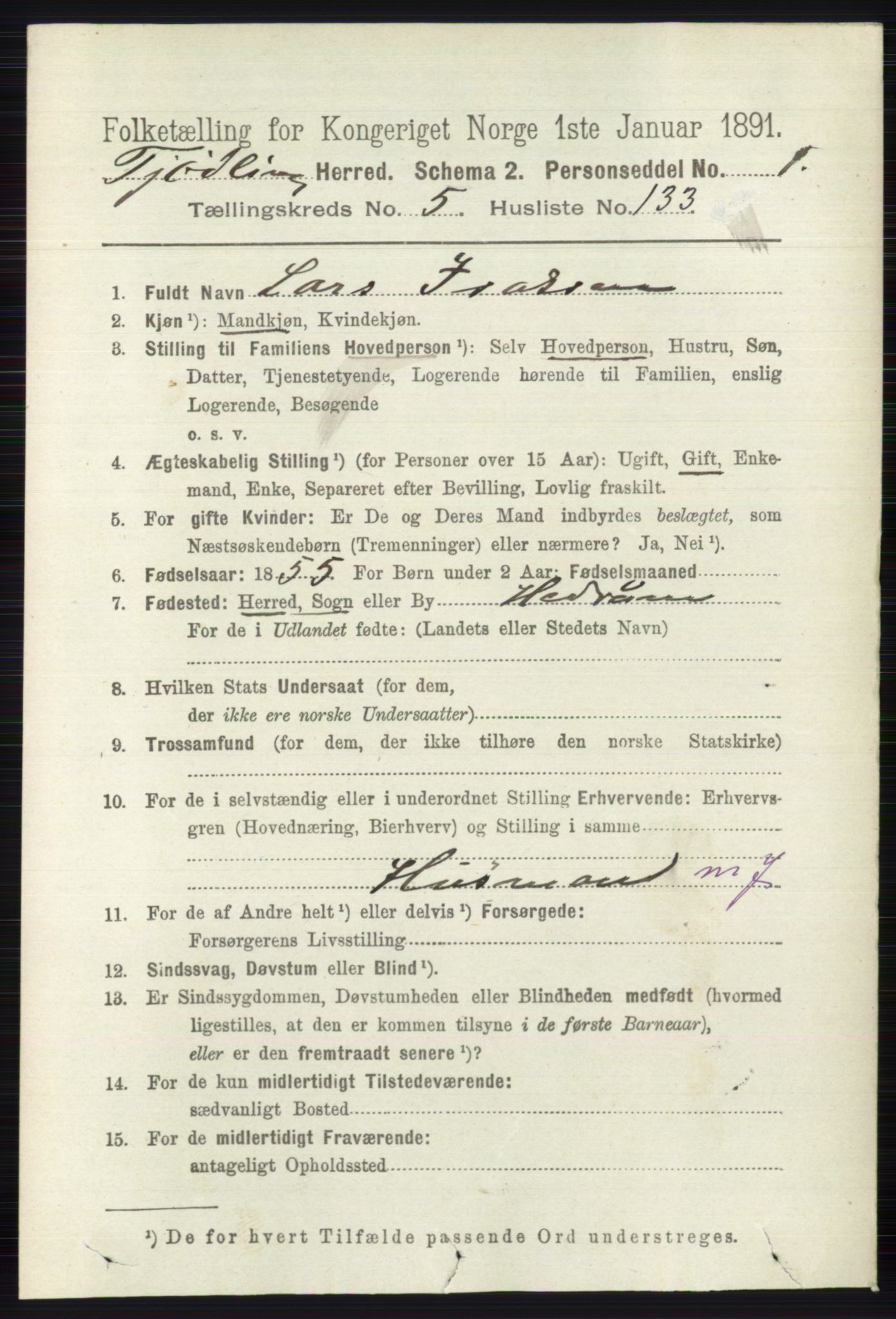 RA, 1891 census for 0725 Tjølling, 1891, p. 2784